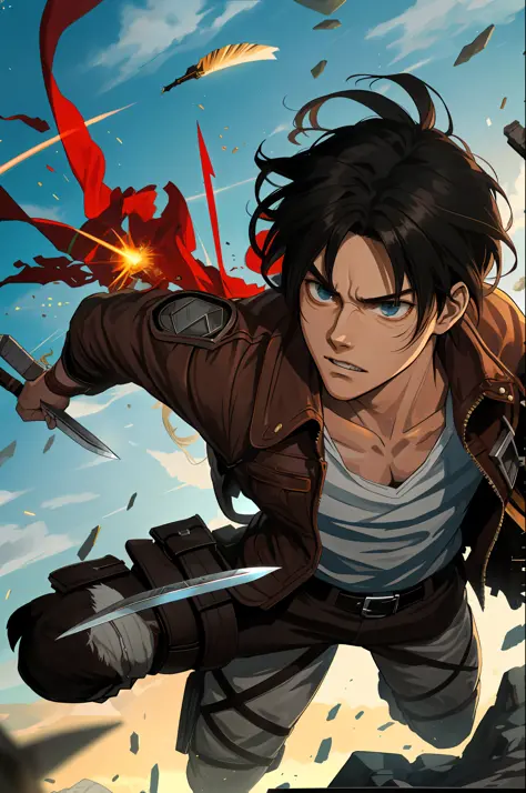 Eren Yeager launches himself into the air with his 3D cables, soaring high above the Titan-infested landscape. With his knife at the ready and his face set in a look of fierce determination, Eren prepares to unleash a devastating attack on the Titans below.As he comes in for the kill, Eren's 3D cables whip through the air, propelling him forward with incredible speed and agility. With each movement, his blade flashes in the light, glinting with deadly intent as he slashes through the Titans with incredible precision and skill.As the battle rages on, Eren's face remains a study in focus and determination, his eyes fixed firmly on the task at hand. With each Titan he takes down, his confidence grows, and he becomes even more determined to protect humanity from the Titan threat.Eren's incredible strength, skill, and agility are on full display, showcasing why he is such an iconic and beloved character in the world of Attack on Titan. Whether soaring high above the Titans with his 3D cables or diving into the fray with his trusty knife, Eren is a force to be reckoned with, a fierce warrior and protector of humanity in the face of even the greatest of challenges.