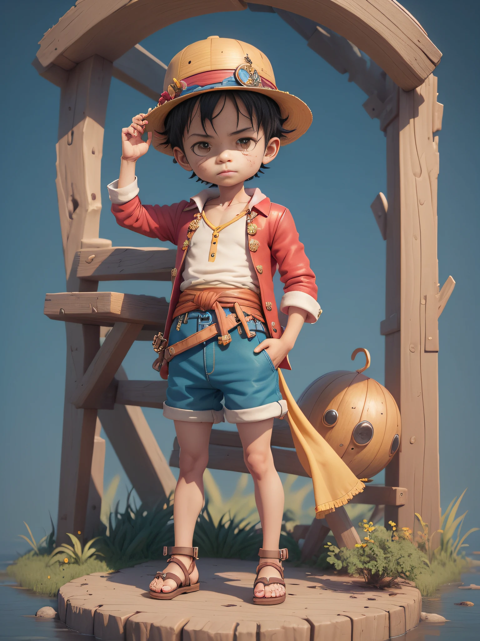 cute 3d render, cute detailed digital art, male explorer mini cute boy, cute digital painting, stylized 3d render, cute digital art, cute render 3d anime boy, luffy the little pirate looks up, cute! c4d, portrait anime sea pirate boy, ((he is wearing an open long-sleeved red cardigan with four buttons, with a yellow sash tied around his waist, blue shorts with cuffs, sandals)), ((standing in a pirate ship)).