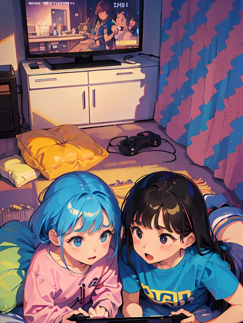 (SFW), in the nineties, two children (1girl and 1boy) playing video game consoles in a cramped, cluttered room. The walls are pl...