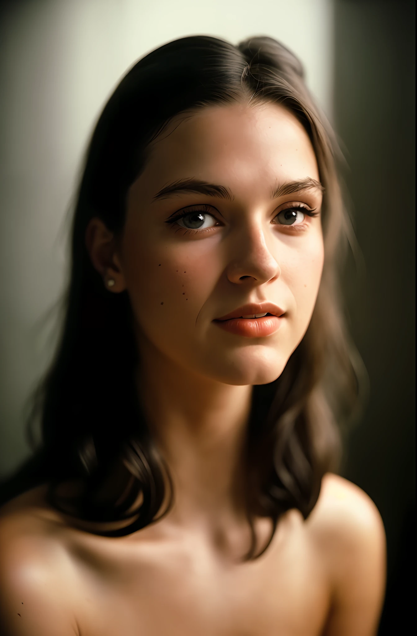 (close-up, editorial photograph of a 20 yo woman from the 1940's), (highly detailed face:1.4) (smile:0.7) (background inside dark, moody, private study:1.3) POV, by lee jeffries, nikon d850, film stock photograph ,4 kodak portra 400 ,camera f1.6 lens ,rich colors ,hyper realistic ,lifelike texture, dramatic lighting , cinestill 800,naked,