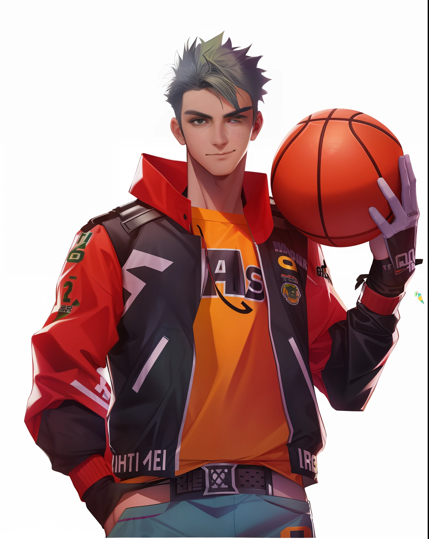 A man in a green punk-style costume holds a basketball, cartoon rendering style,