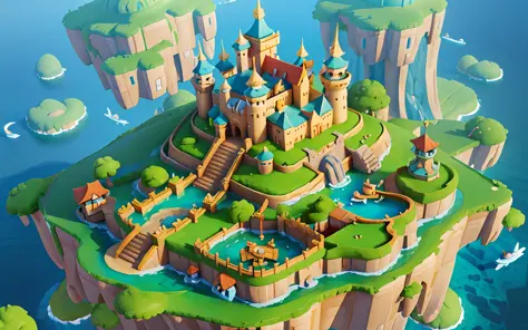 Closeup of an island with a castle on it, isometric island in the sky, 3 D rendering stylization, stylized concept art, isometric 3d fantasy island, floating and flying island, flying island, stylized 3d rendering, stylized game art