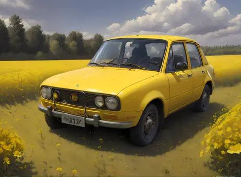 painting of a yellow car in a field of yellow flowers, lada, lada car, russian lada car, alexey egorov, sergey krasovskiy, maxim...