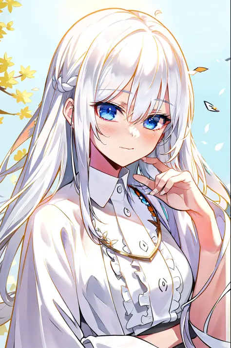 anime - style image of a woman with long white hair and blue eyes, girl with white hair, perfect girl with white hair, white hai...