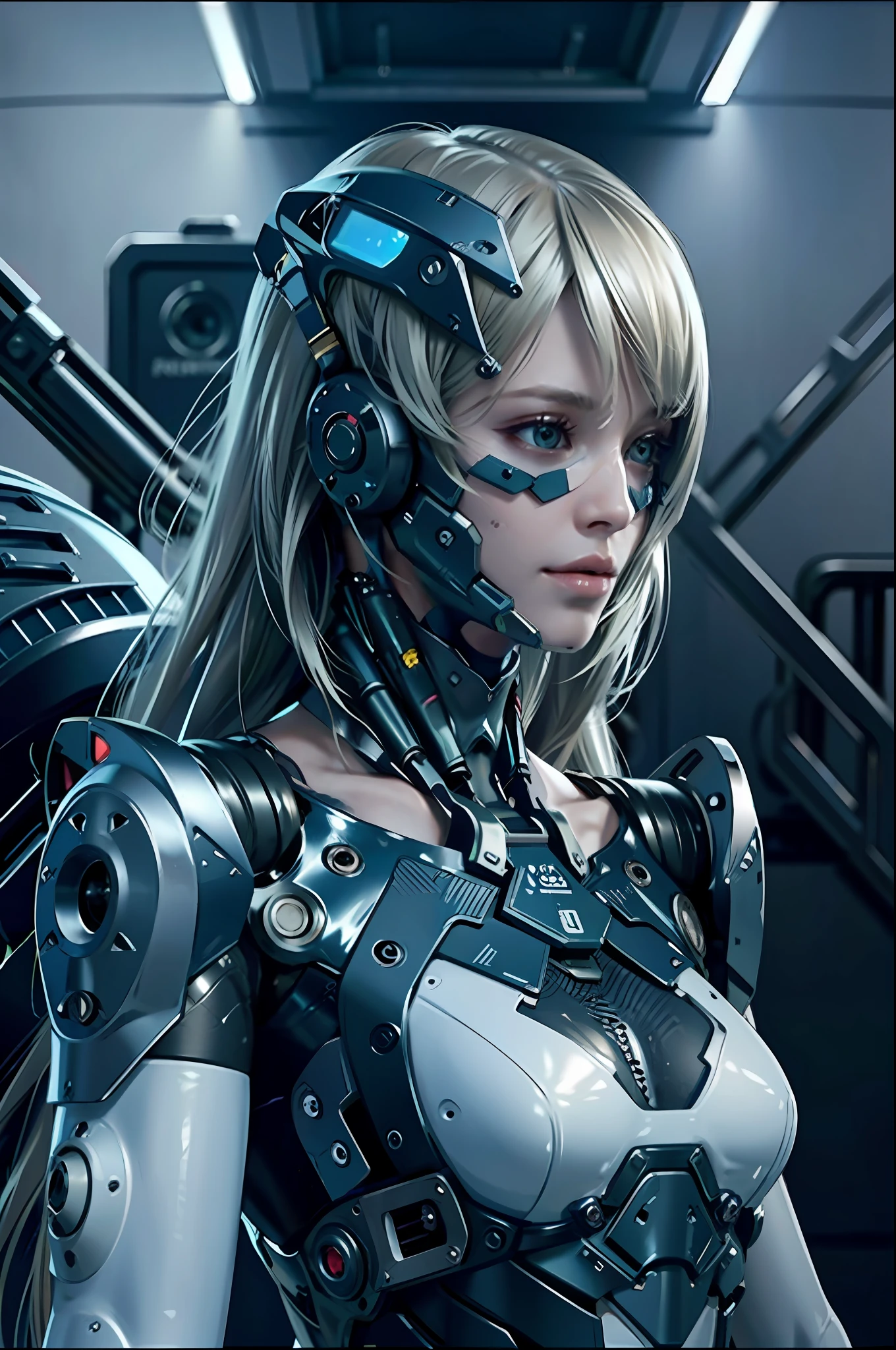 Complex 3d rendering porcelain female cyborg ultra detail, 1girl, fluffy blonde hair, long hair, small waist, (natural skin texture, realistic eye details: 1.2), robot parts, beautiful soft light, rim light, vivid details, gorgeous cyberpunk, hyper-realistic, anatomical, facial muscles, cable wire, microchip, Elegant and beautiful background, octane rendering, apple style, 8K, top quality, masterpiece, illustration, very delicate and beautiful, CG, unity, wallpaper, (realistic, photorealistic: 1.2), amazing, detail, masterpiece, best quality, official art, highly detailed cg Unity 8k wallpaper, incredibly ridiculous, sexy robot, mechanical skeleton, Android, Surrealism, Doomsday Wasteland, (High-Tech Prosthetics:1.2), Perfect Body, Dark Blue Glowing Cyber Vessel, (Shiny Body), (Very Shiny Body), rfktr_technotrex, Reelmech, Cybernetic_Jawless, Mechanical Parts, Cybernetics, AB_ Robot