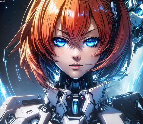 red hair and blue eyes, digital cyberpunk anime art, advanced digital anime art", symmetrical aesthetics, perfect anime cyborg w...