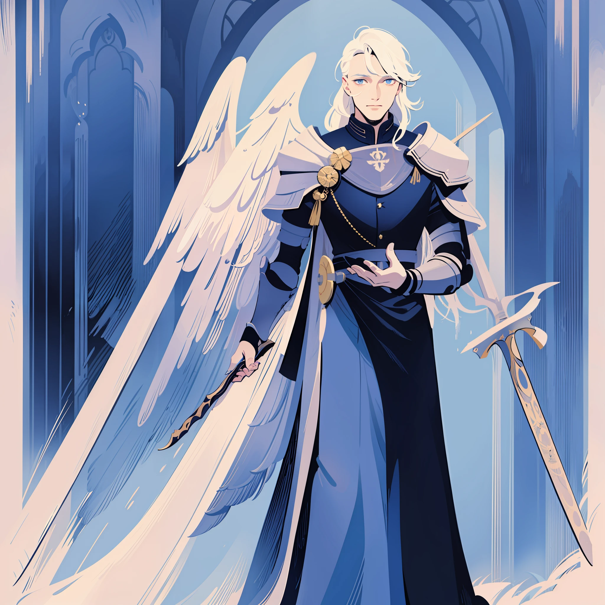 knight, young men, sword holding , schield holding, angel, silver hair, blue eyes, portrait, 1character, full body