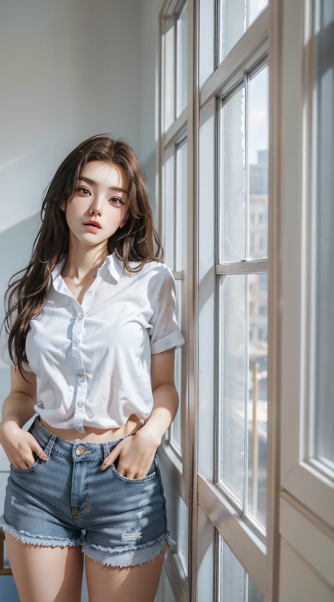 4k perfect quality, highly detailed realistic ((full body including legs)) beautiful photo of 18 year old Anglo-Saxon sweaty girl, ((perfect delicate facial features)) and lively, (in white shirt blue denim shorts) standing in a tall building by the bedroom window, white wall