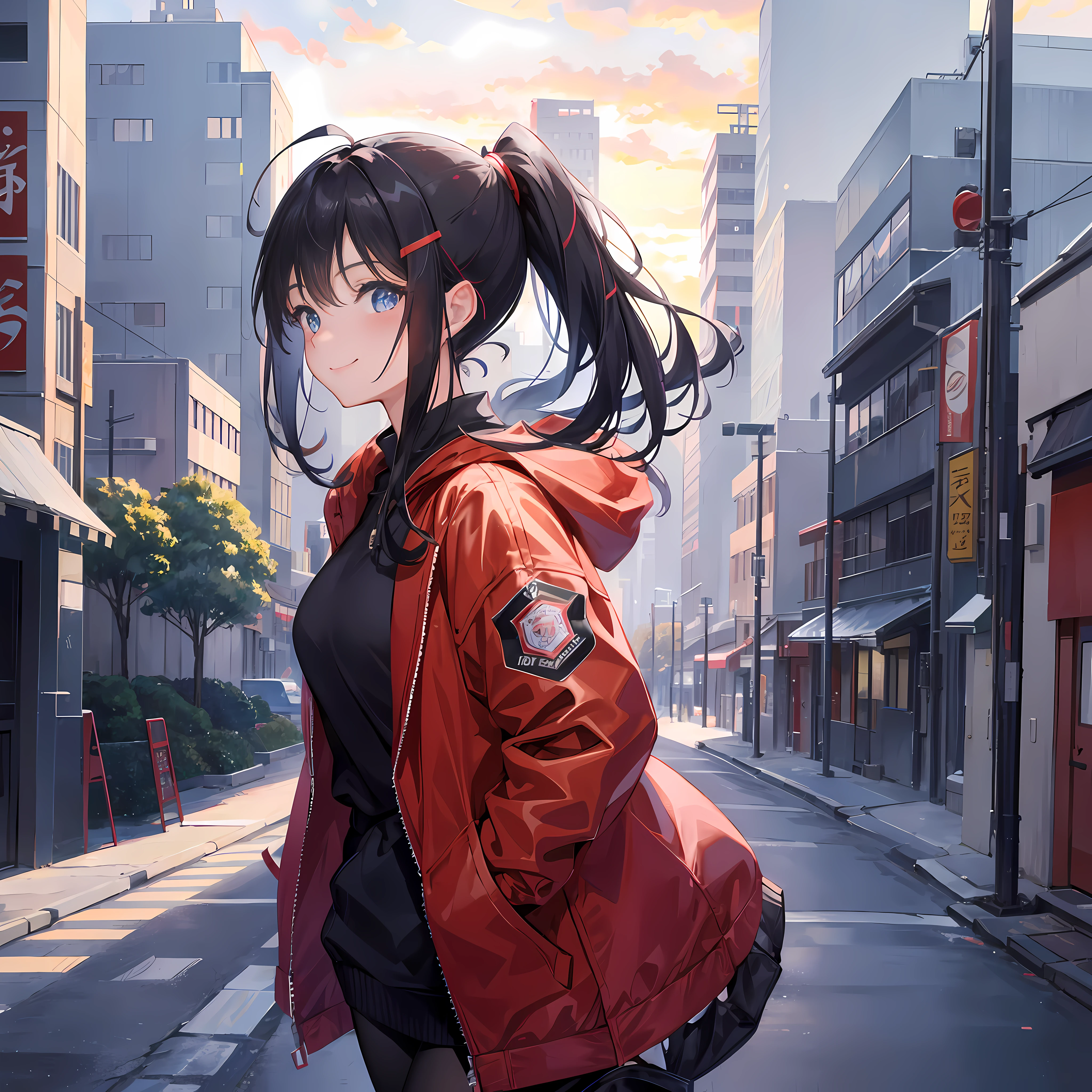 one girl, black hair, ponytail,ahoge, hair clip, dark blue eyes, blush, smile, city,walking, red jacket, from the side, Japan, uhd, anatomically correct, super detailed, 16k, high resolution,