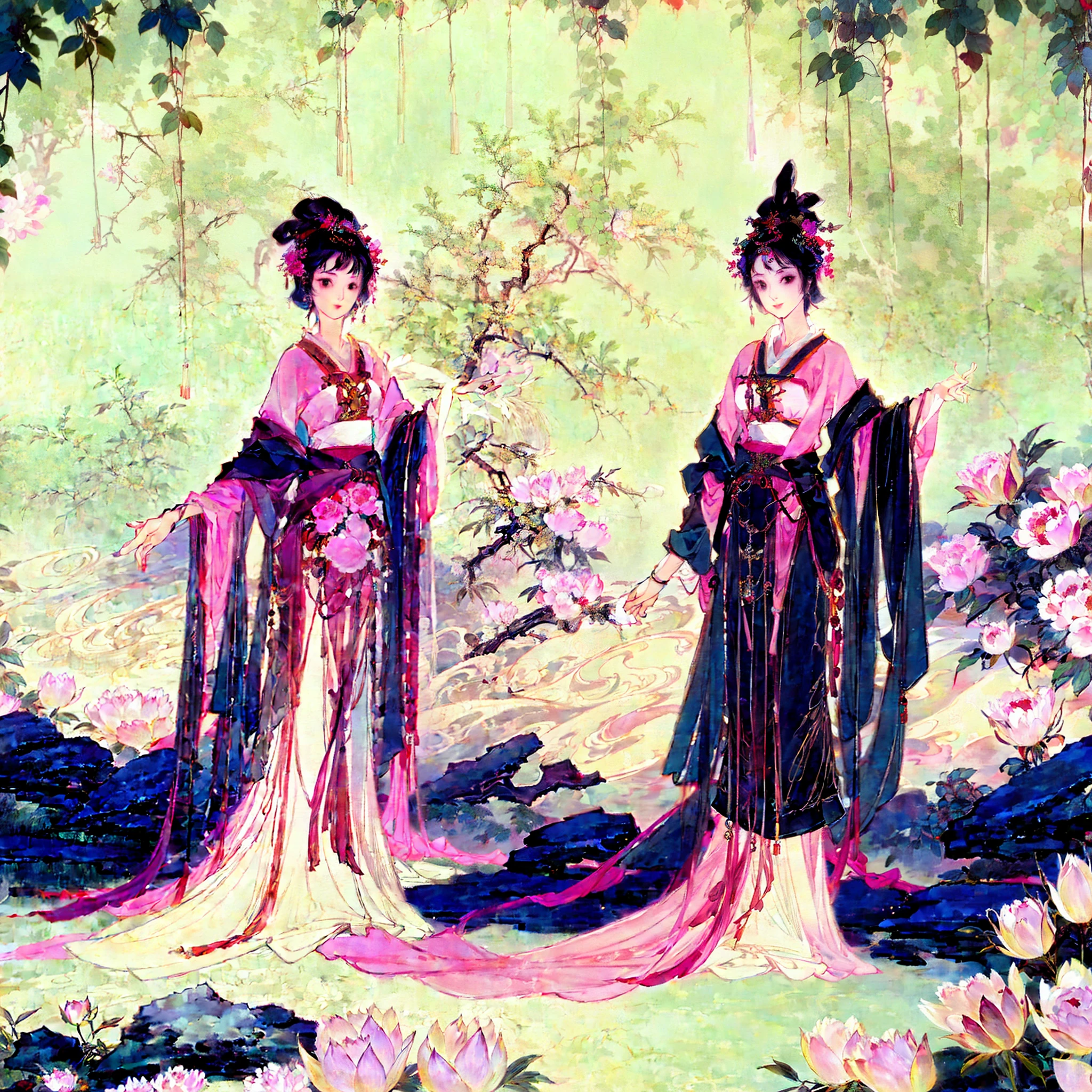 Masterpiece, Superb (Full Body: 1.3), Solo, Chinese Painting of Chinese Girl Beautiful Face and Eye Details, Tang, Perfect Skin, Making Happy Expressions, Gorgeous, Pure, Light Makeup, Jade Jewelry, Hair Accessories, Hair Band, Looking at the Audience, Colorful, Clear and Sharp Focus, Instagram Most Watched, Conceptual Artist, Distant Mountains, Depth of Field, Flowers, Weeds, Peonies,