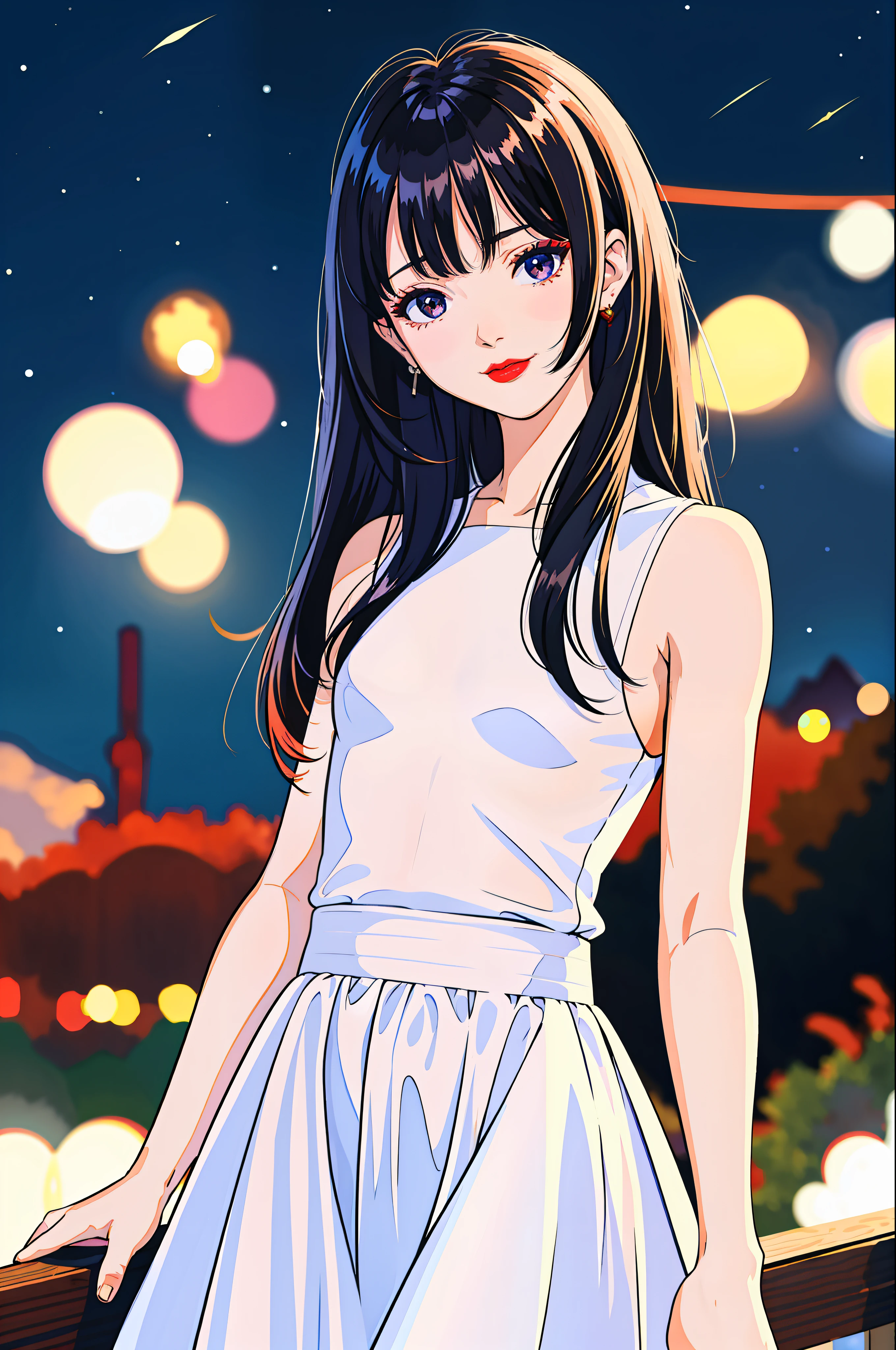 masterpiece, superlative, petite and delicate, small breasts and delicate, red lip gaze, seductive smile, neat and clean clothes, dull bangs, long black hair, night view, bill, meteor, starry sky, night