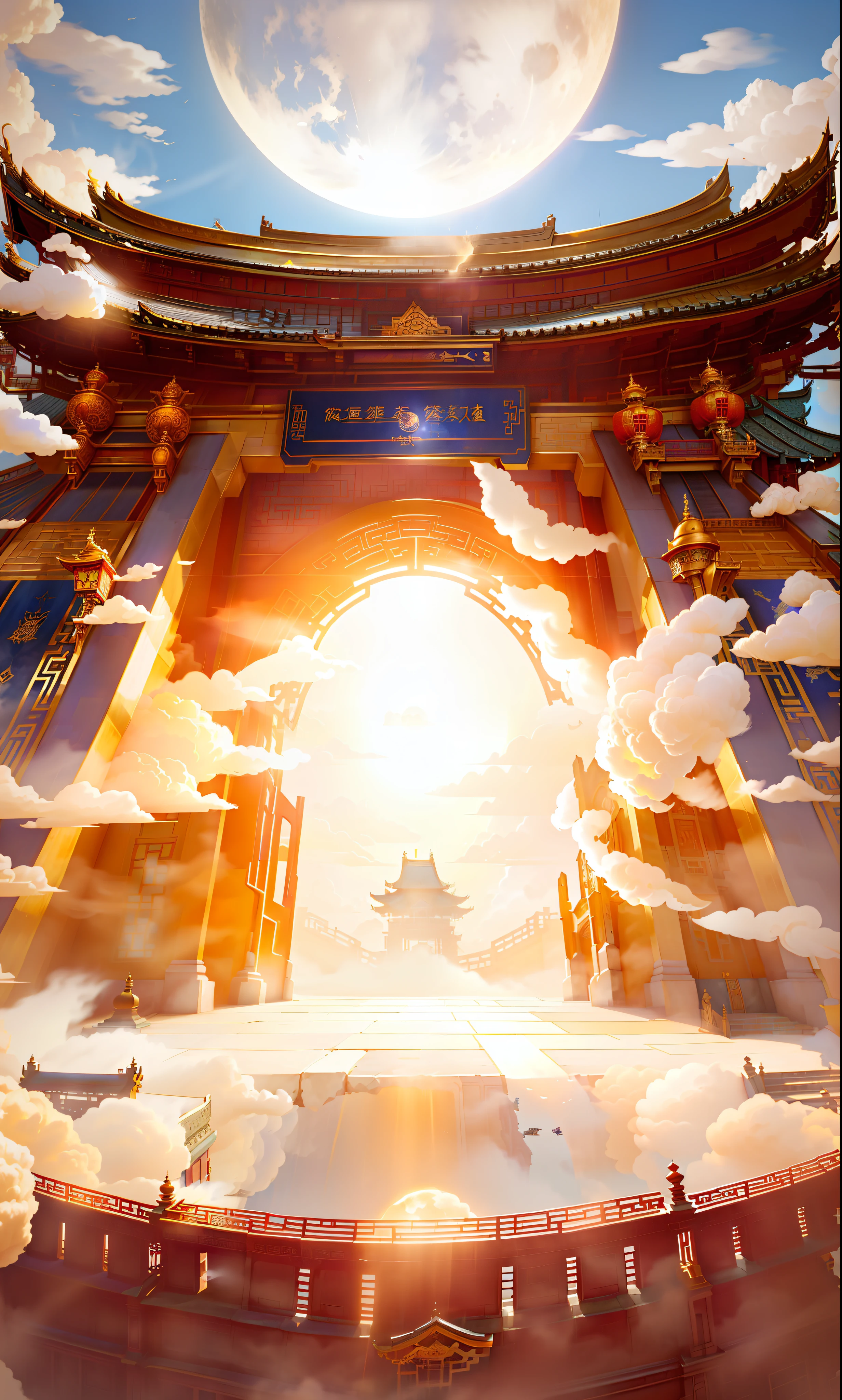 Nuvens de fadas, olhando para a composição, Forte impacto de perspectiva, o portão de um edifício de estilo chinês, o portão aberto, emitindo luz dourada, um pouco de fumaça e poeira flutuando, o céu azul ao fundo, a lua, e os passos na frente