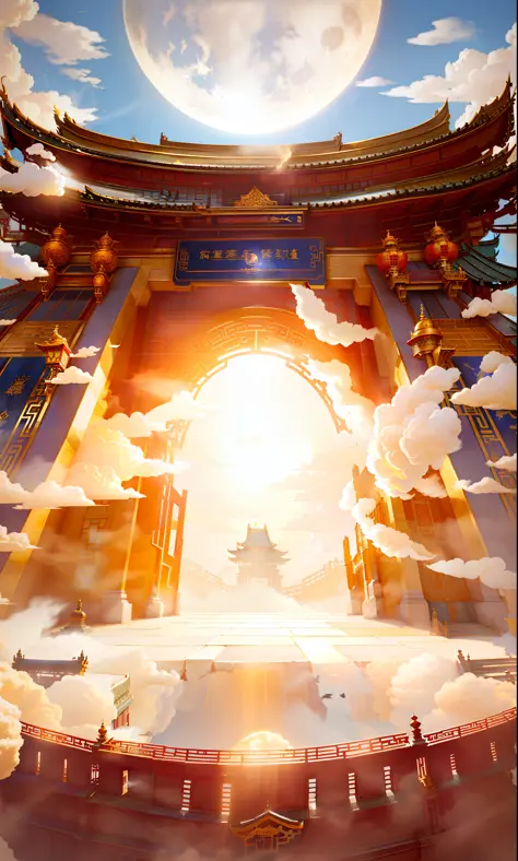 Fairy clouds, overlooking the composition, strong perspective impact, the gate of a Chinese-style building, the open gate, emitting golden light, some smoke and dust drifting, the blue sky in the background, the moon, and the steps in front