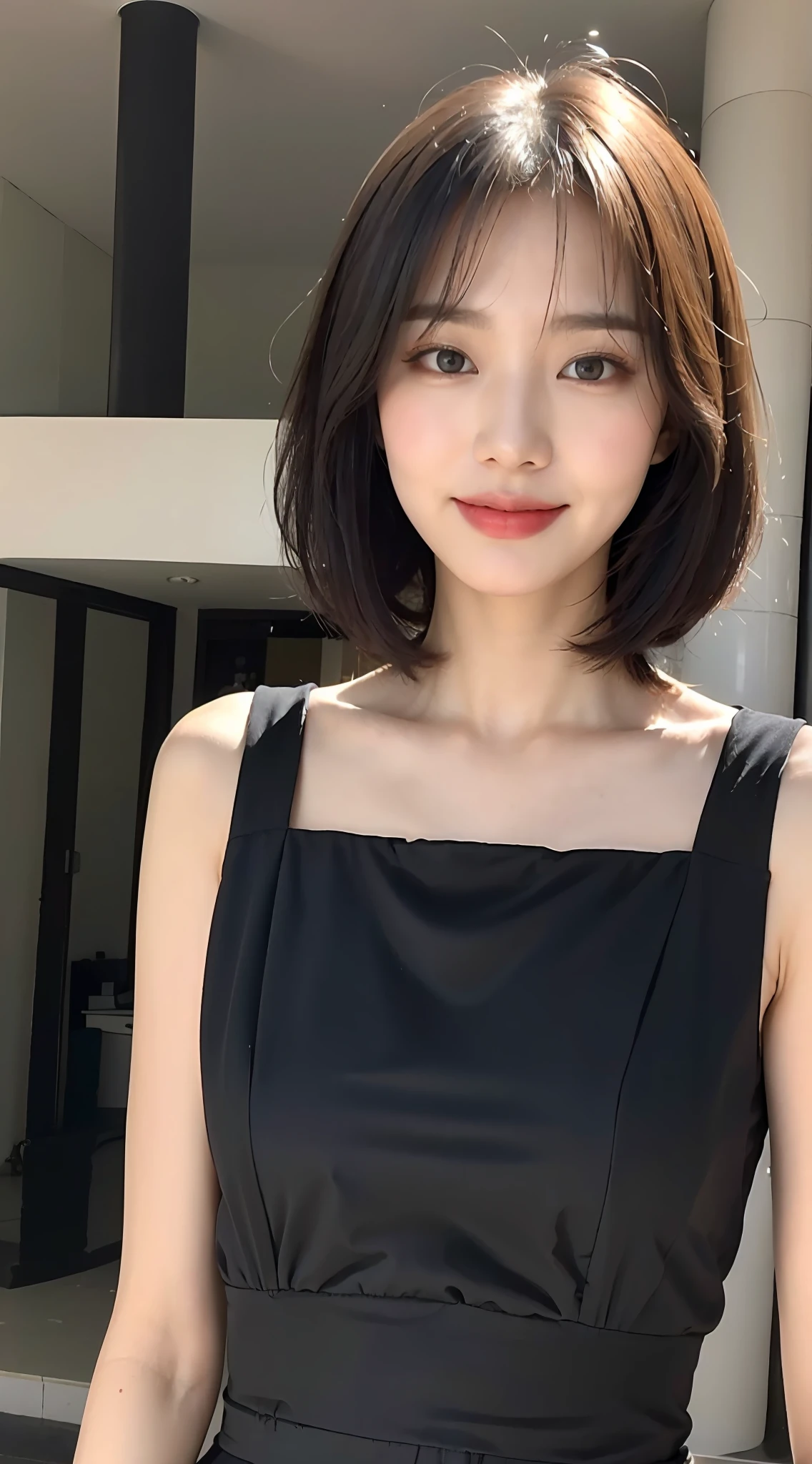 (1 Korean star with royal sister style), ((best quality, 8k, masterpiece: 1.3)), (slender body: 1.3), focus: 1.2, perfect body beauty: 1.4, (smile), (street: 1.3), highly detailed face and skin texture, fine eyes, double eyelids, whitening skin, (short hair, air bangs: 1.3), (round face: 1.5), (little black dress: 1.4),