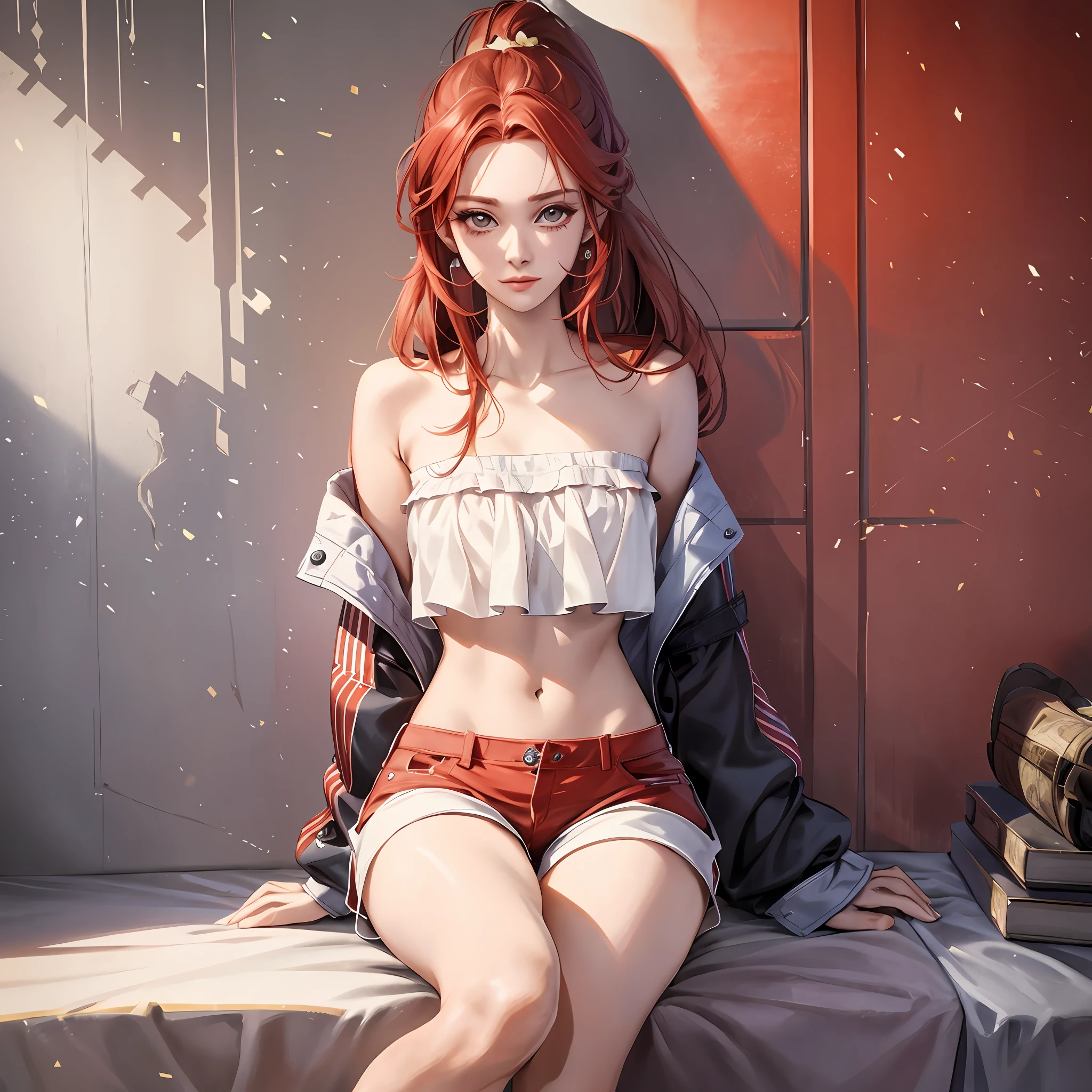 There is a woman sitting on the bed, wearing a jacket, Guvez style artwork, Guvez, realistic 3D modeling style, IG model |Artgerm, seductive anime girls, trending in CGstation, Guvitz in art station Pisif, realistic anime girl rendering, Guvitz in Pisif Art Station