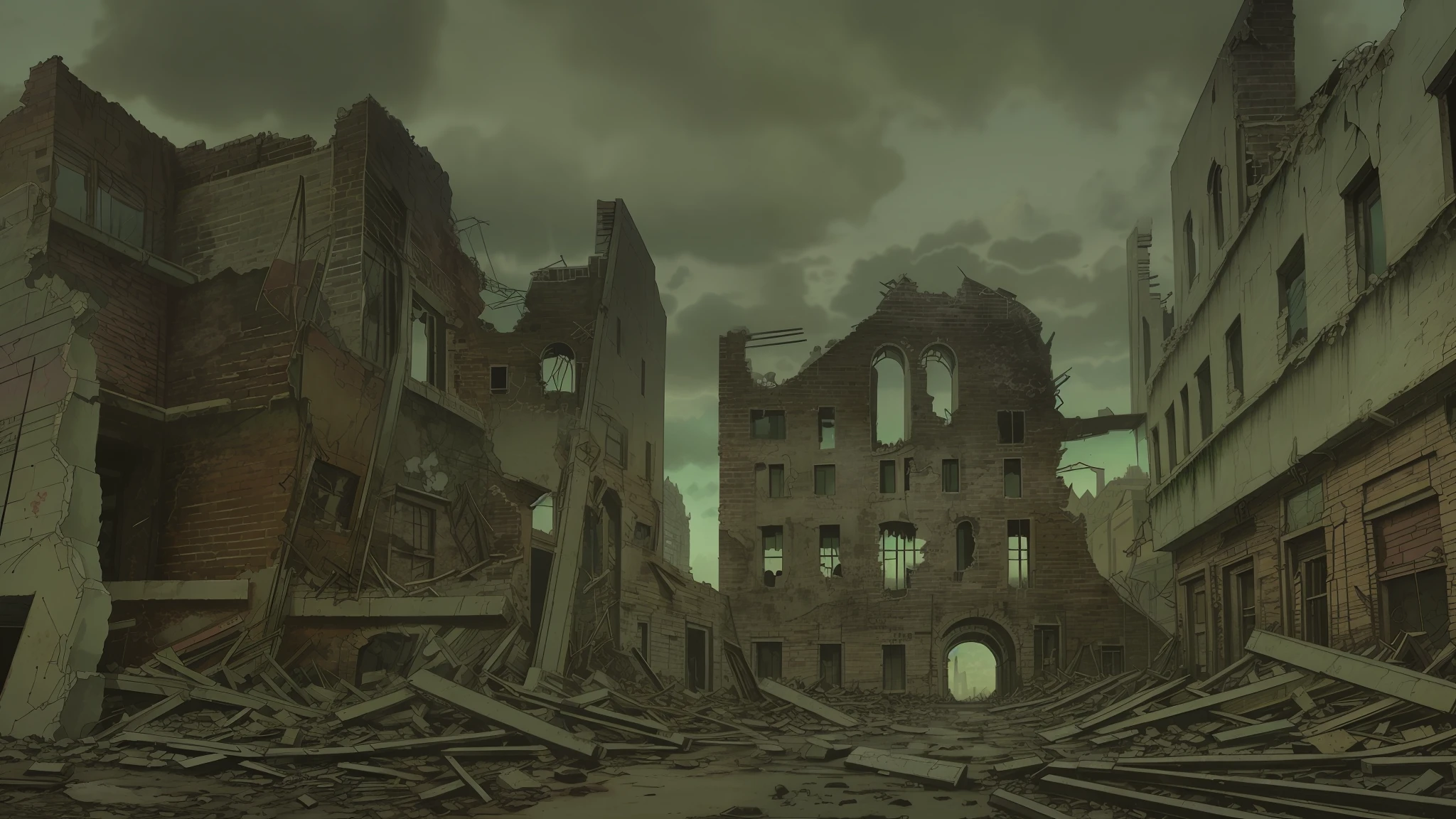 There is a picture of a city, in a ruined cityscape, destroyed cityscape, outdoor ruined cityscape, a city in ruins in the background, a post-apocalyptic city, a post-apocalyptic view, a destroyed city, an apocalyptic city, a ruined city in the background, An abandoned dystopian city, gloomy, with a wall with a door at the end,