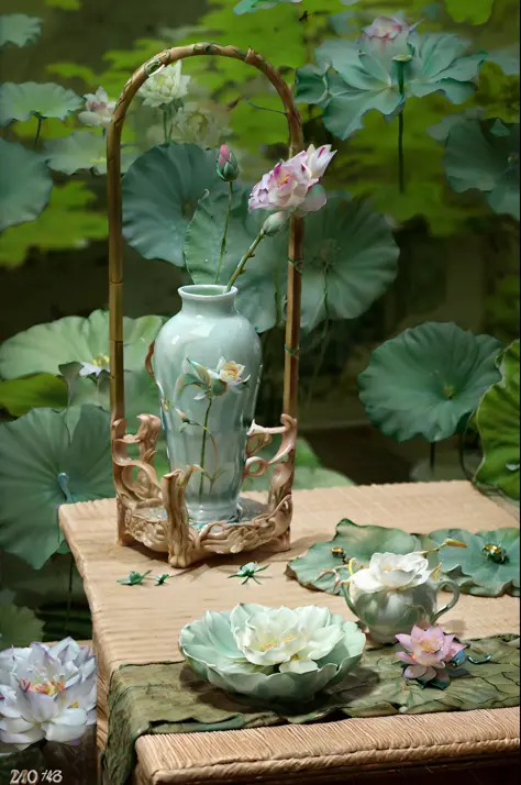 there is a small table with a vase and a plate with a flower, celadon glaze, dslr photo of a vase on a table, lotus, with celado...