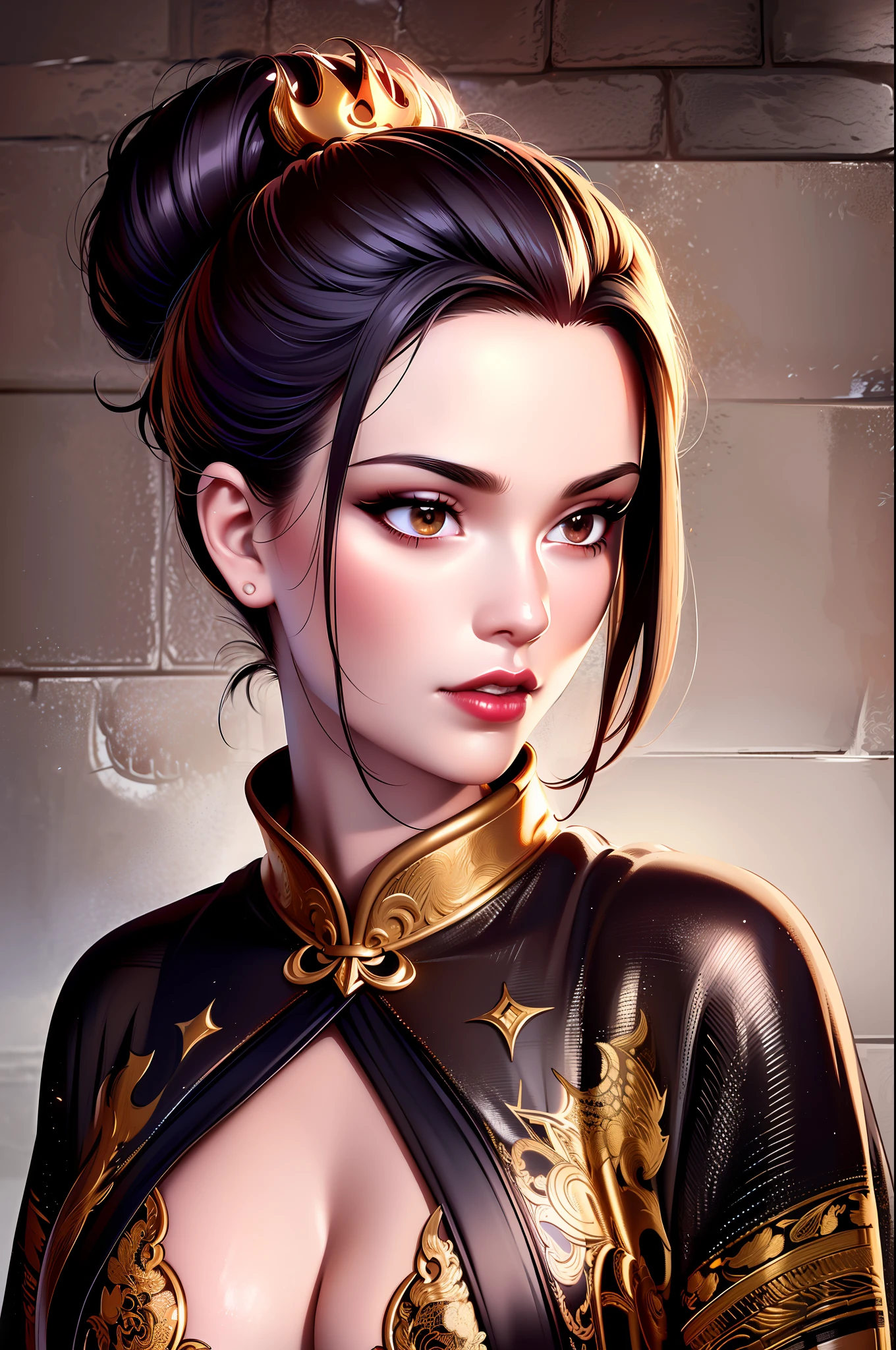 ultra-realistic 8k CG, masterpiece, ((ultra detailed background, fine drawing, intricate details, high detail, better quality fine details, hyper-detailed face)), (photorealistic: 1.4), beautiful lighting, absurdity, RAW photo, film grain, Azula, 1girl, solo, black hair, brown eyes, makeup, lipstick, red lips, single hair bun, navel, side strands, hair decoration, ((medium breasts, slim girl)), ((open kimono,  Chinese clothing)), ((intricately detailed background, inside, dim lighting, moody lighting, inside the castle, castle wall, inside, medieval castle environment))