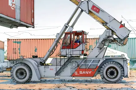 linear, gray, white background, simple background,sketch, sketch,pen_sketch_style,arafed forklift with red crane on the back, he...