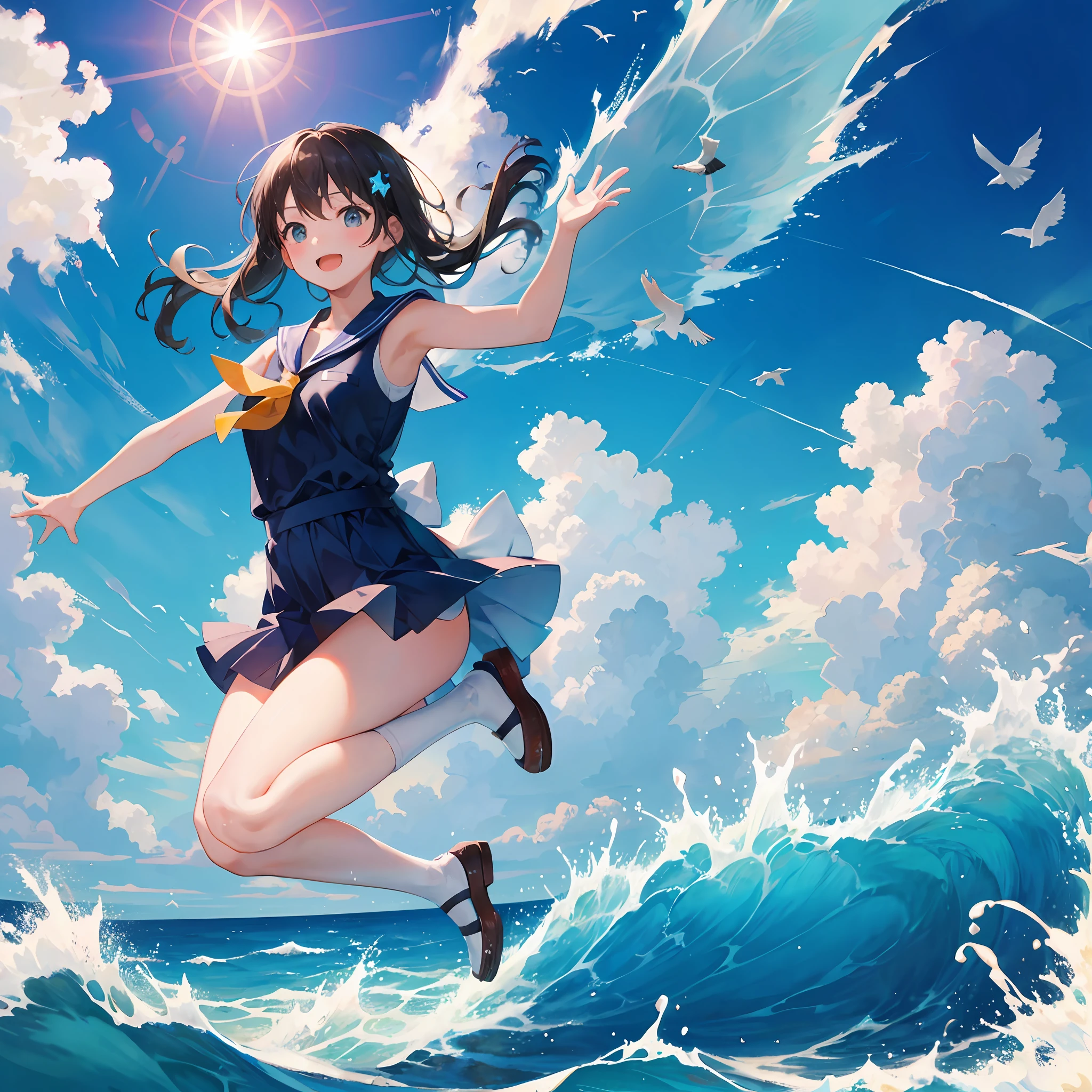 Anime girl jumping in the air over a wave in the ocean - SeaArt AI