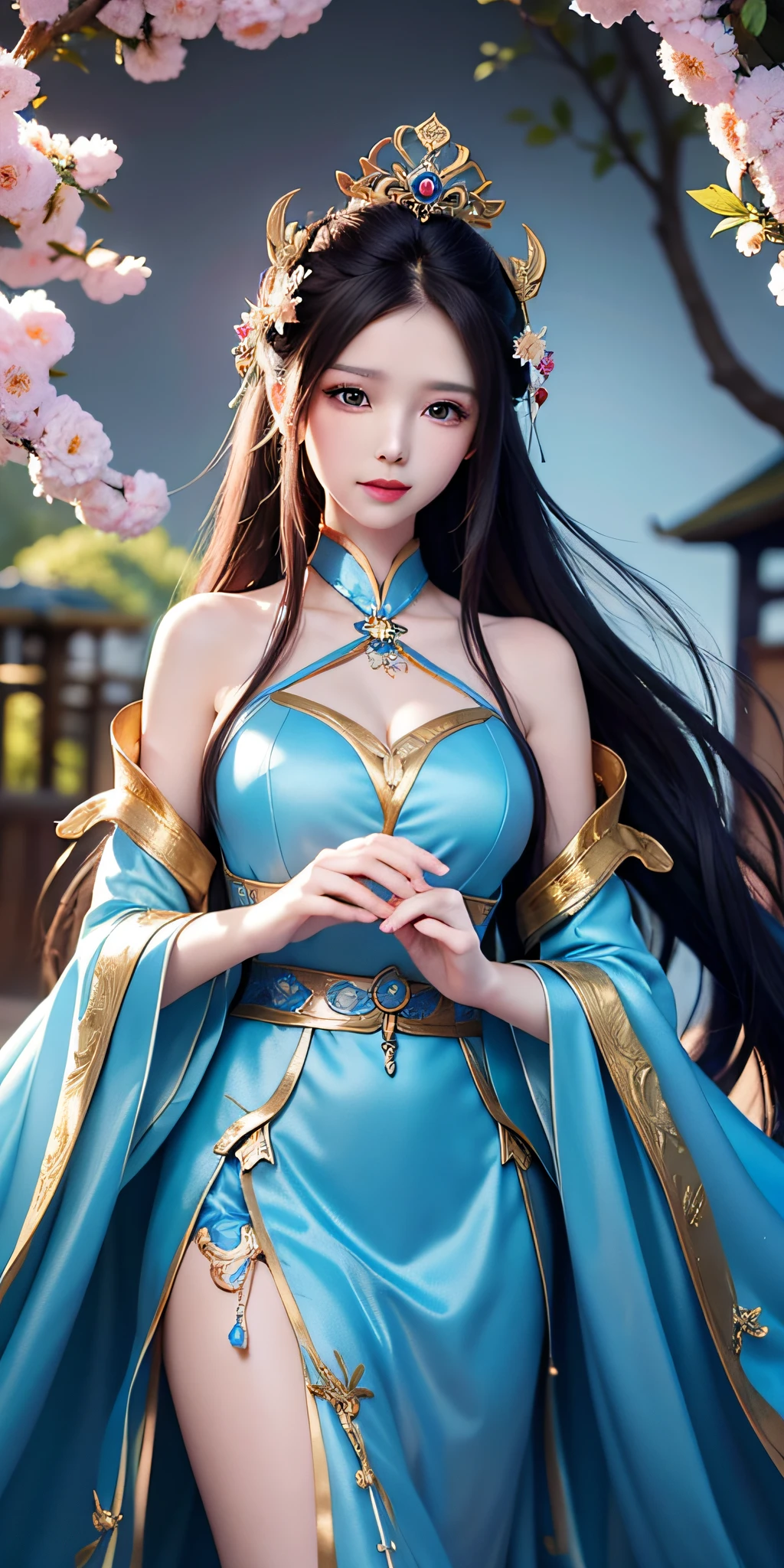 painting of a woman in a blue dress holding a fan, alice x. zhang, beautiful fantasy maiden, by Leng Mei, by Chen Lin, beautiful fantasy art, ((a beautiful fantasy empress)), a beautiful fantasy empress, beautiful character painting, by Li Song, inspired by Lan Ying, beautiful maiden, very beautiful fantasy art, fantasy woman, fantasy style art