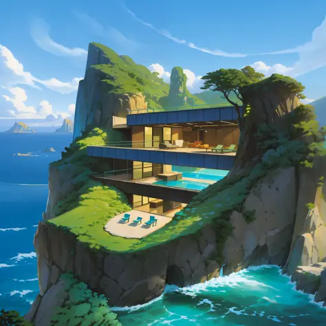 a modern futuristic design large cliff House's with a artificial waterfall and a pool in the middle, nature meets architecture, ...