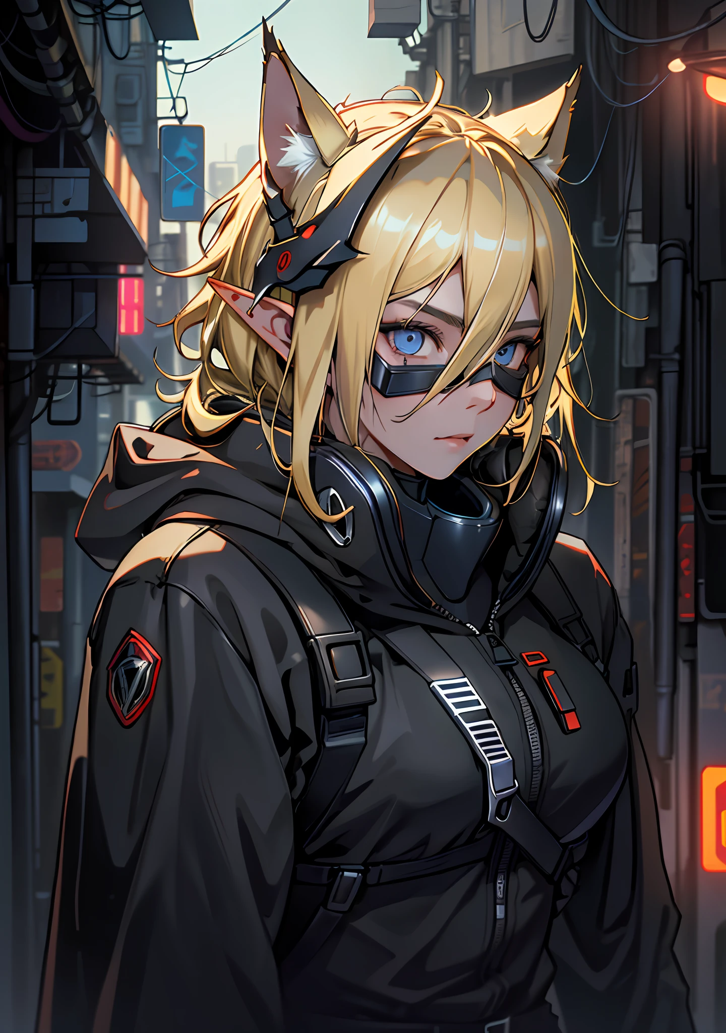 Ultra detail, high resolution, ultra detailed, best quality, amazing, top quality, extremely detailed CG 8k wallpaper unit, cinematic lighting, cyberpunk, dark boy, Wolf face mask, 1girl, blonde hair, elf ears, large breasts, hood covering head