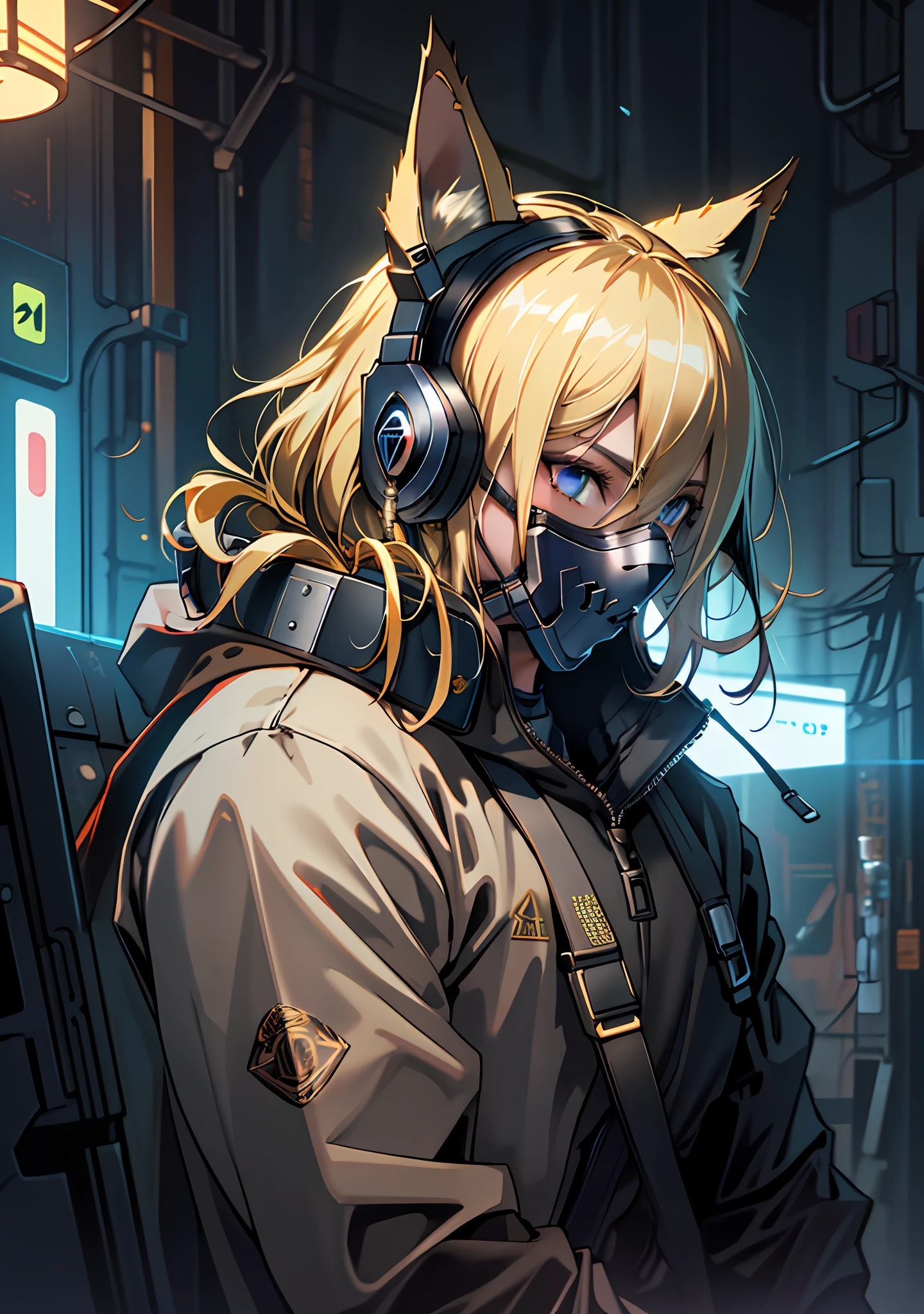 Ultra detail, high resolution, ultra detailed, best quality, amazing, top quality, extremely detailed CG 8k wallpaper unit, cinematic lighting, cyberpunk, dark boy, Wolf face mask, 1girl, blonde hair, elf ears, large breasts, hood covering head