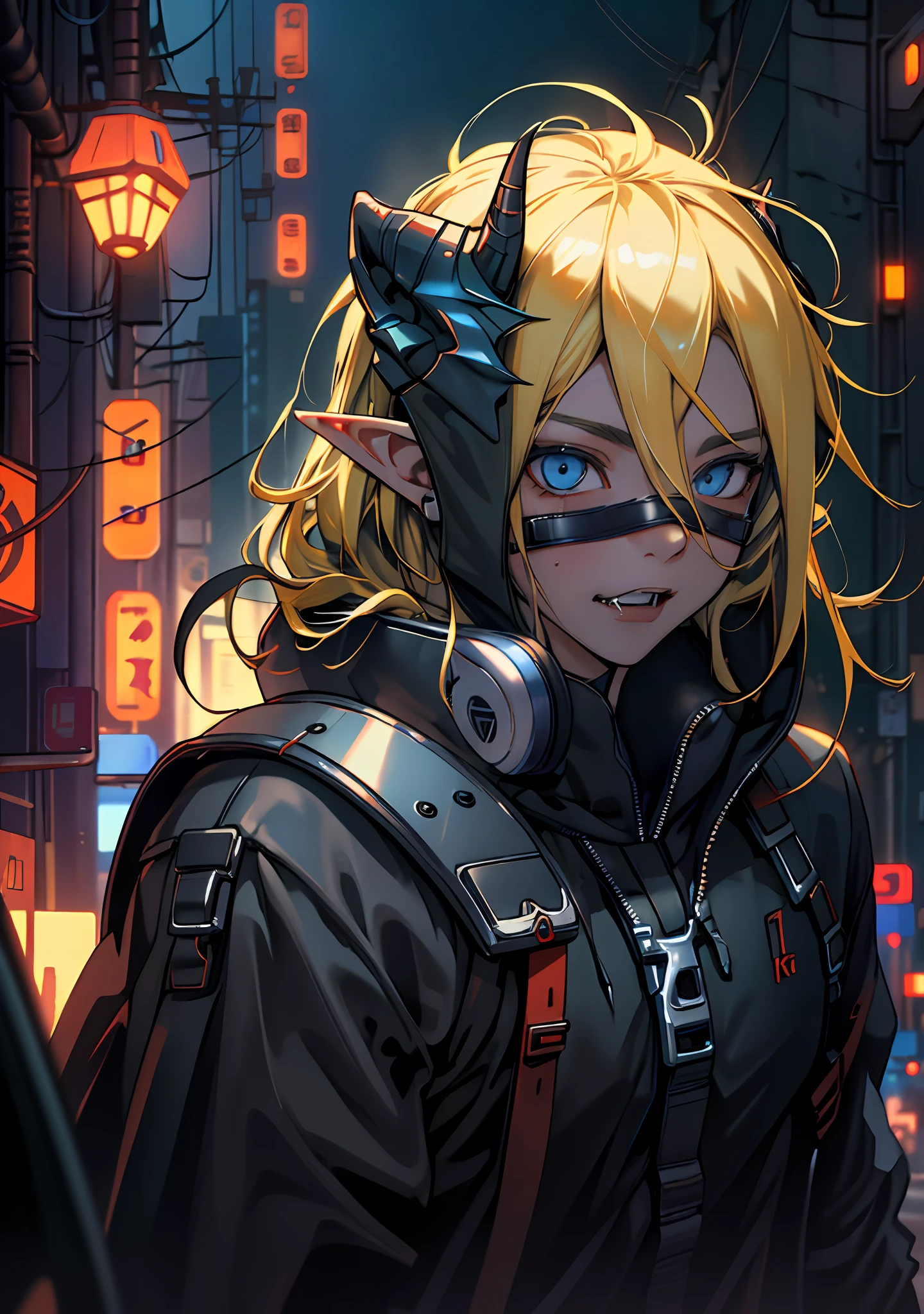 Ultra detail, high resolution, ultra detailed, best quality, amazing, top quality, extremely detailed CG 8k wallpaper unit, cinematic lighting, cyberpunk, dark boy, demon with fangs face mask, 1girl, blonde hair, elf ears, large breasts, hood covering head