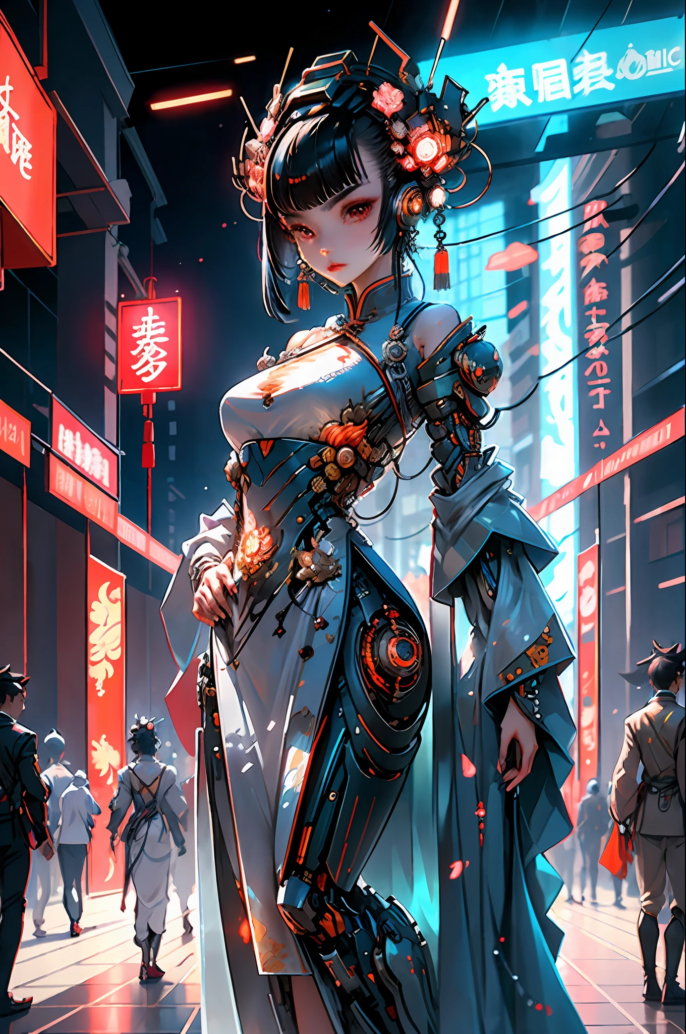 Uma linda garota, corpo todo, características faciais claras, características faciais incríveis, Trajes Chineses Antigos, Cyberpunk chinês, Headwear Cyberpunk City, Acessórios de cabelo, Design supercomplexo, mecha mecânico, tecnologia, Iluminação deslumbrante, c4d, Renderização de OC, luz de borda cinematográfica, Luz fina, obra de arte, Super Detalhe, composição épica, ultra HD, alta qualidade, 32 mil