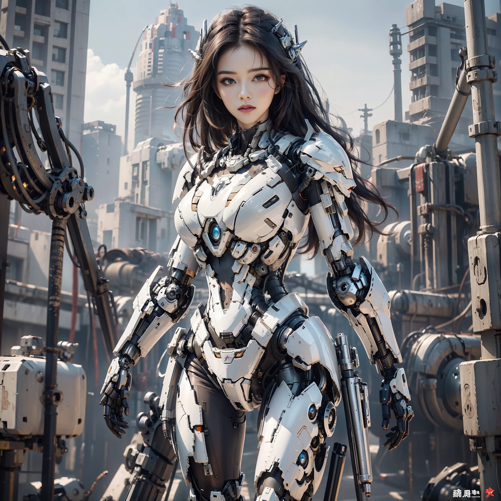 (masterpiece), (best quality), perfect face, perfect body, 1girl, beautiful girl, stand, posing, mechanical armor, cyborg, white armor, robotic, hard lighting, sunny day, outdoor, sexy
