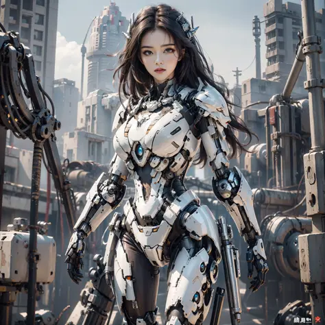 (masterpiece), (best quality), perfect face, perfect body, 1girl, beautiful girl, stand, posing, mechanical armor, cyborg, white...