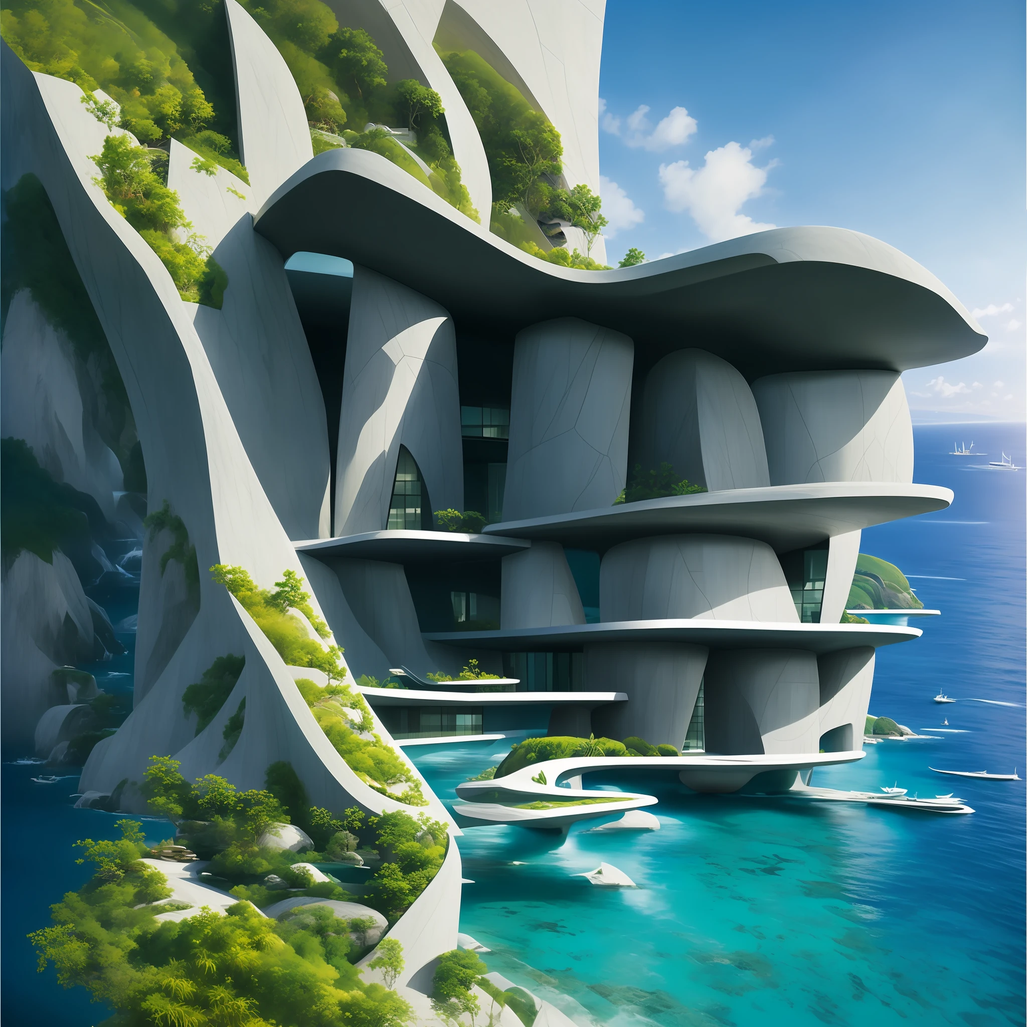 現代未來派設計的大型懸崖房屋，中間有人工瀑布和水池, 自然與建築相遇, 圍繞藍海而建, 現實的蜂巢建築, 有機建築, 非常接近真實的自然, 令人驚嘆的渲染, 有洞穴的島嶼, 令人驚嘆的建築, 豪華建築, 現實幻想渲染, by Zha Shibiao, 史詩般的和令人驚嘆的, 建築視覺化, 史詩建築, 概念藝術. 8k