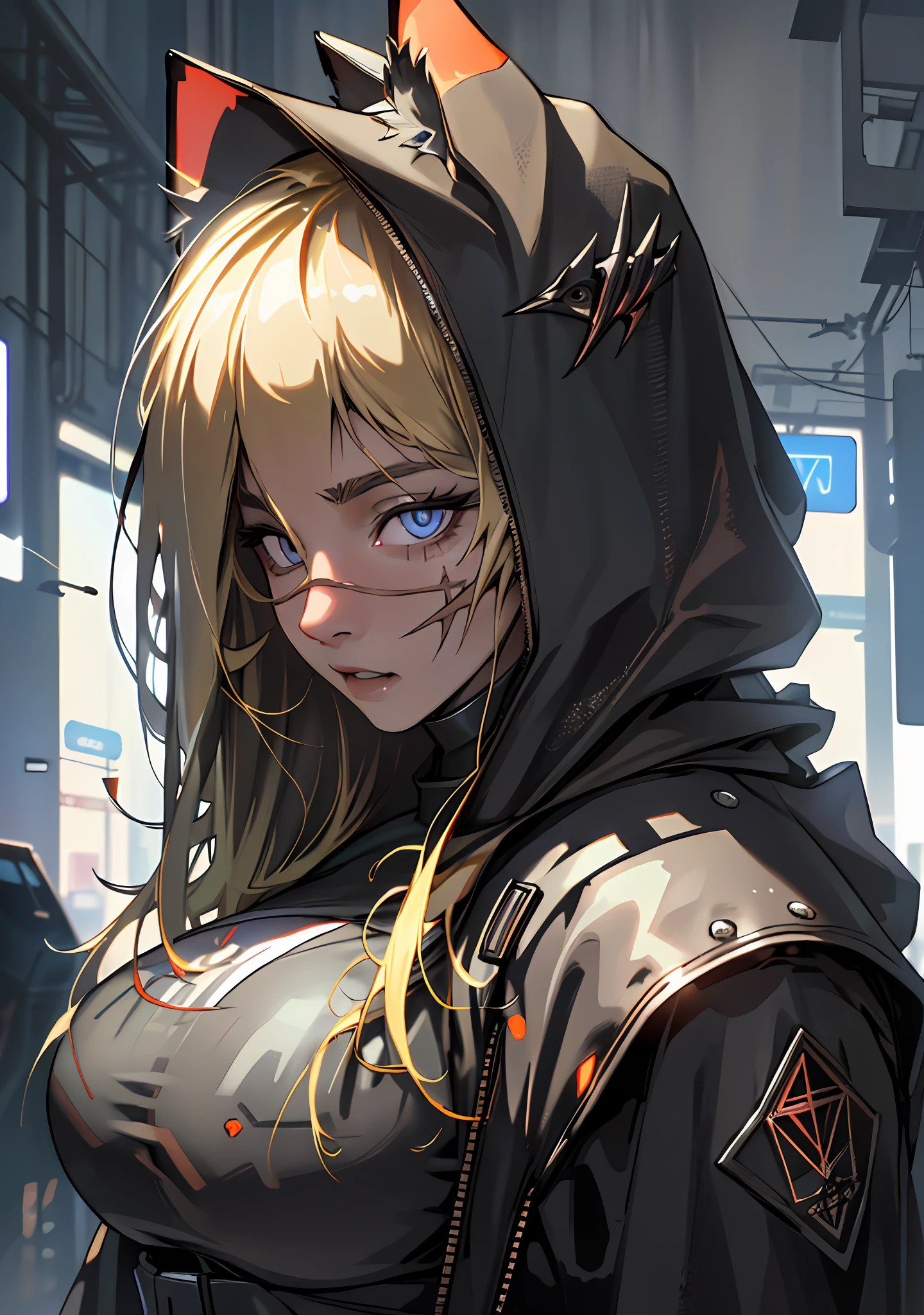 ultra detail, high resolution, ultra detailed, best quality, amazing, top quality, extremely detailed CG 8k wallpaper unit, cinematic lighting, cyberpunk, dark boy, Wolf face mask, 1girl, blonde hair, large breasts, hood covering head, scar on nose and eye face left side