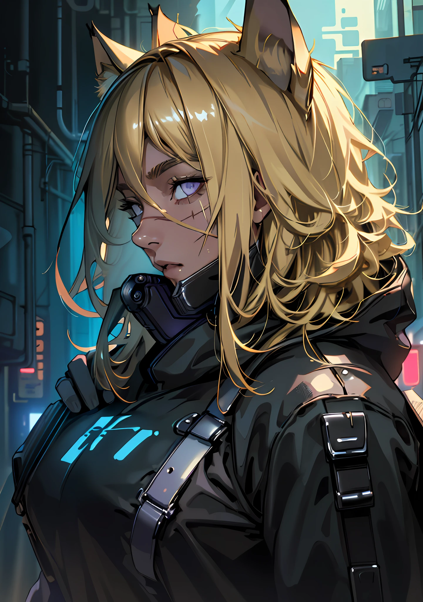 ultra detail, high resolution, ultra detailed, best quality, amazing, top quality, extremely detailed CG 8k wallpaper unit, cinematic lighting, cyberpunk, dark boy, Wolf face mask, 1girl, blonde hair, large breasts, hood covering head, scar on nose and eye face left side