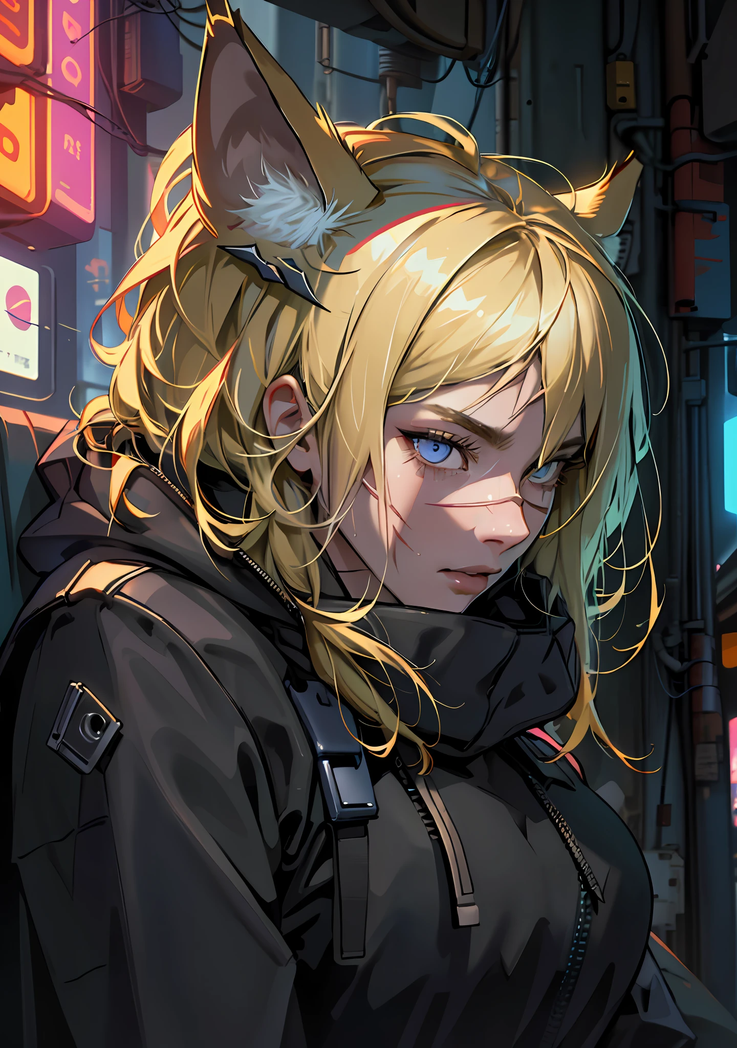 ultra detail, high resolution, ultra detailed, best quality, amazing, top quality, extremely detailed CG 8k wallpaper unit, cinematic lighting, cyberpunk, dark boy, Wolf face mask, 1girl, blonde hair, large breasts, hood covering head, scar on nose and eye face left side