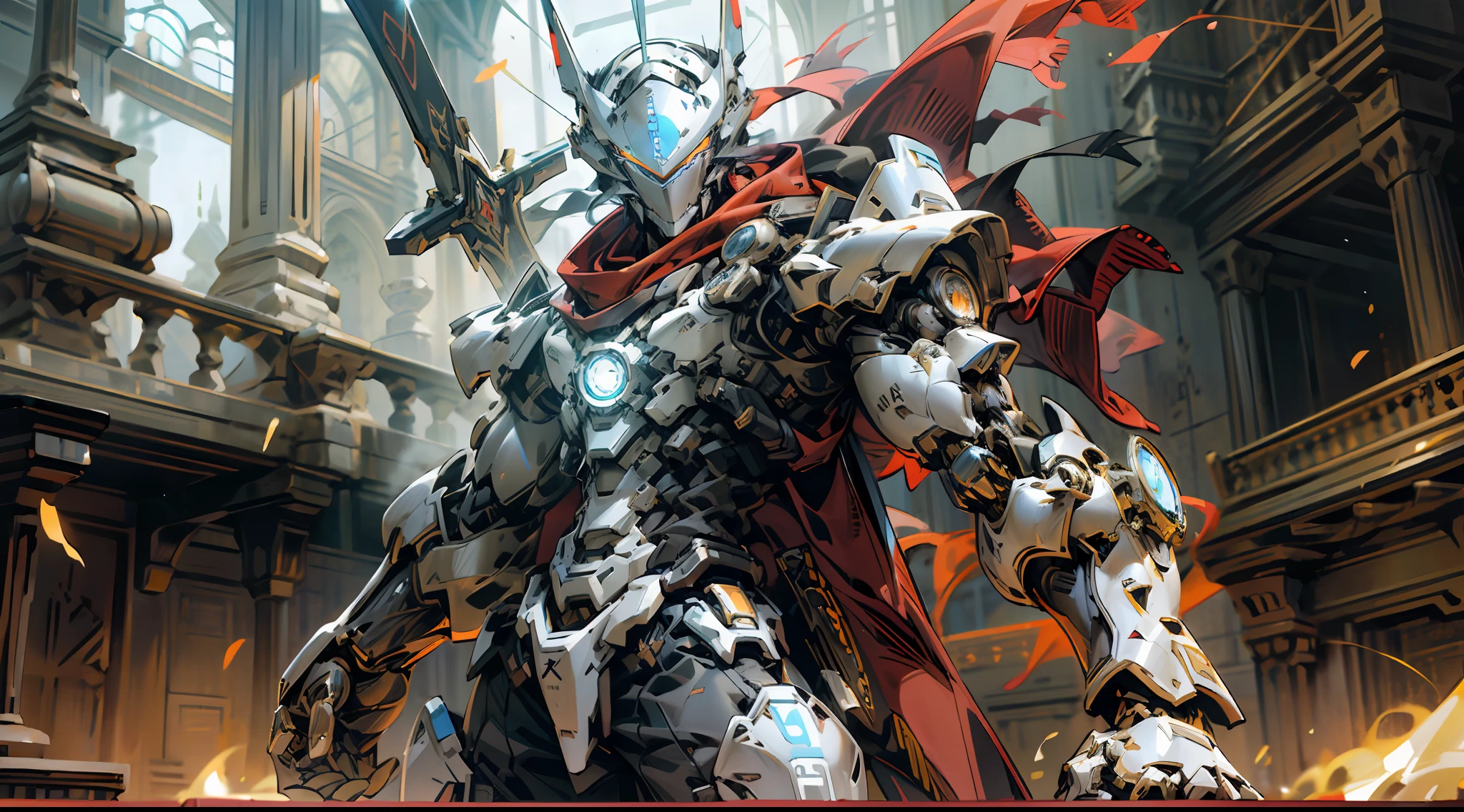 (Realism, photo realism: 1.3), (lens focal length: 35mm), backlight, a knight's mechanical armor, luxurious and exquisite shape, a blue glowing cross carved on the chest of the mech, mecha holding a red glowing wide and heavy armor sword, red scarf swaying in the wind, knight's eyes with red flame light, battle posture drawing, background fire flow, flow special effects, OWgenji, Sc3pt4