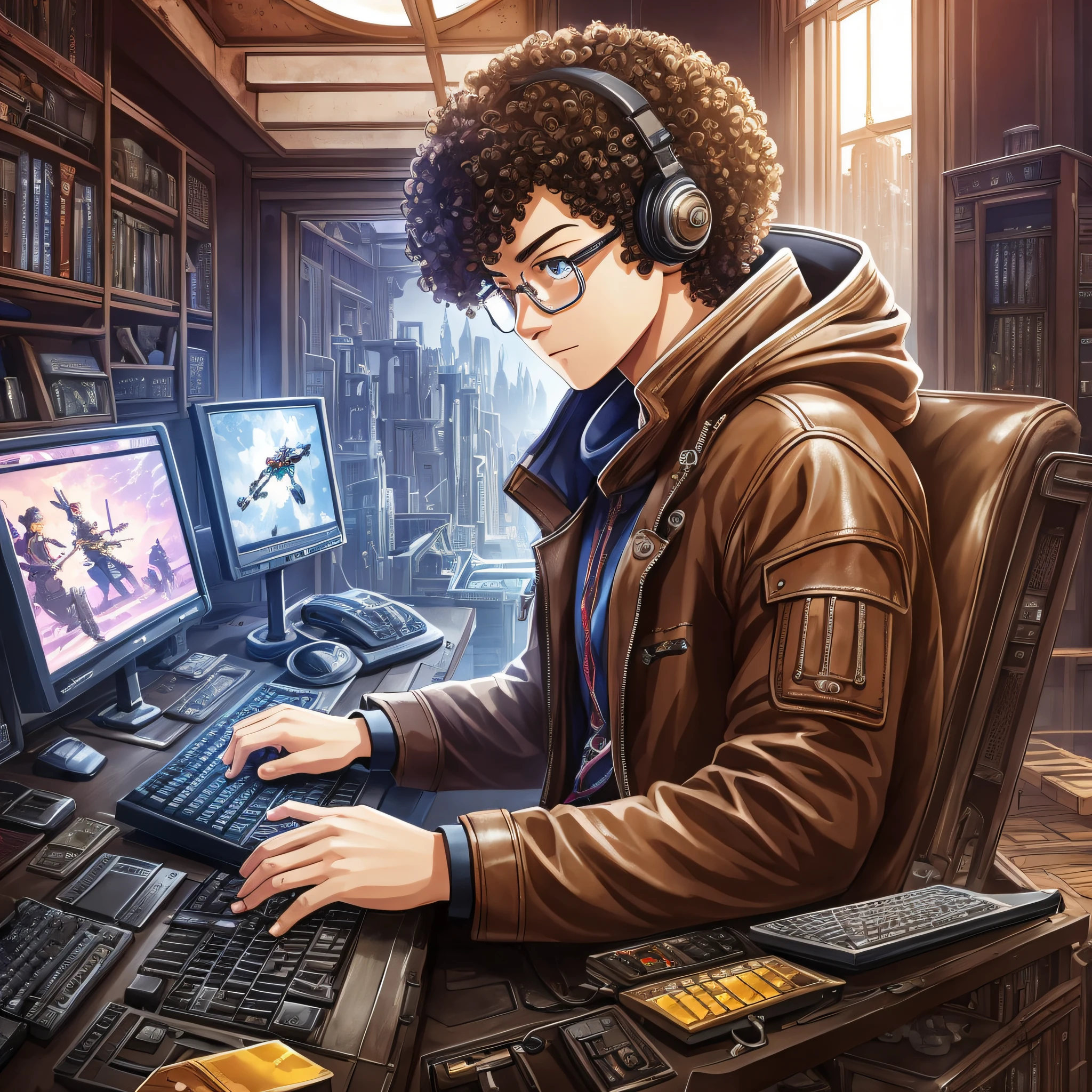 masterpiece, best illustration, solo, 1 boy  african light brown skin brown eyes with glasses sitting, very short curly hair, keyboard \(computer\), leather trim, computer, monitor, hood, jacket, hood down, chair, headphones, city, instrument, cyberpunk, \(\(intricate details\)\),colorful details,iridescent colors BREAK,\(\(best quality masterpiece\)\),4k,ultra detailed,detailed lighting,\ (\(inspired by Hayao Miyazaki\)\),official art,promotional art,composition, --auto --s2