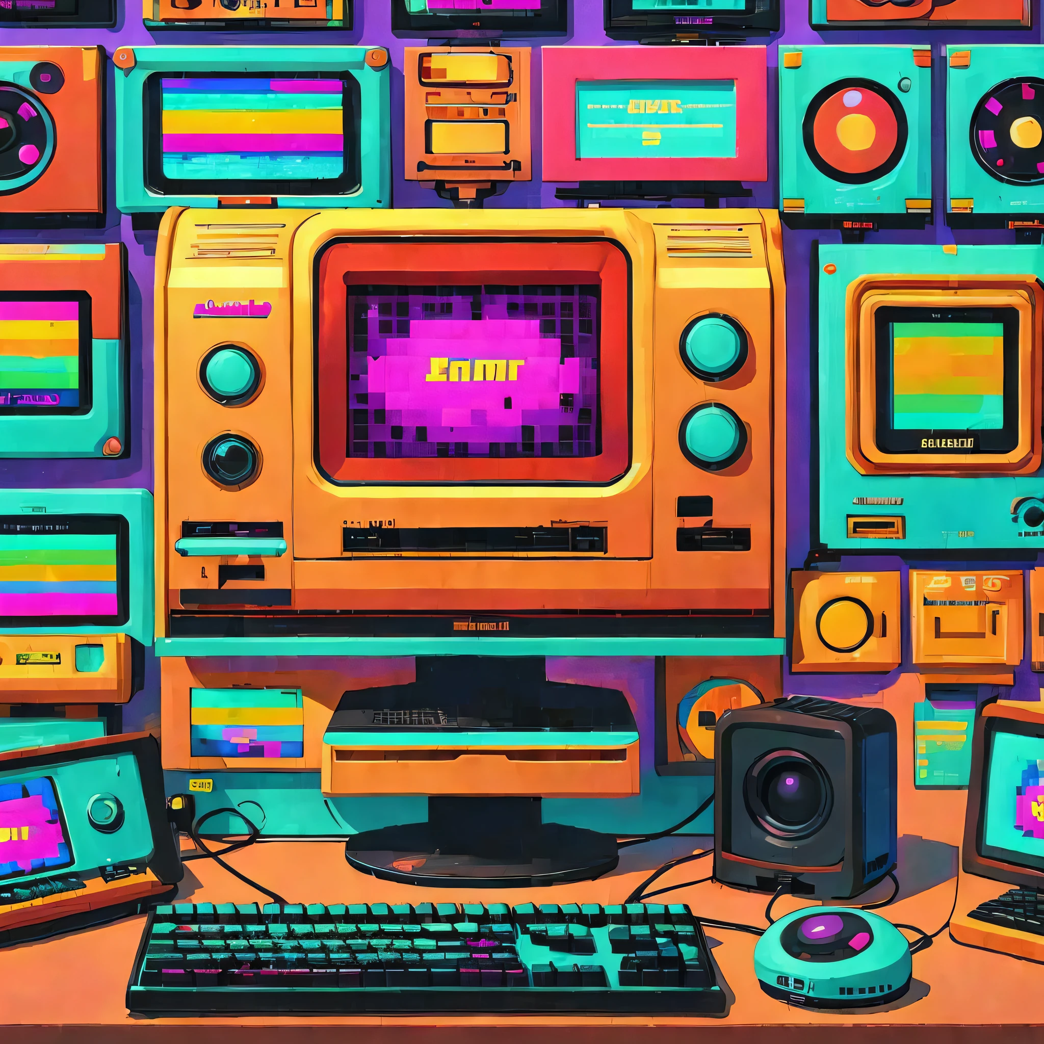 (Best quality),(masterpiece),(ultra detailed),(high detailed),(extremely detailed),Subject: Nostalgic 90s Tech Screensavers Medium: Digital artwork or graphic design. Resolution: 1920x1080 pixels. Color Palette: Vibrant and bold colors reminiscent of the 90s aesthetic. Mood: Retro, playful, and nostalgic. Composition: Centered composition with the screensaver elements positioned creatively. Lighting: Neon or vibrant colored light effects. Style: Pixel art or a mix of pixel art and vector graphics. Details: Include classic 90s tech elements like CRT monitors, floppy disks, dial-up modems, CD-ROMs, pixelated graphics, and retro fonts. Inspiration: Actual 90s screensavers, vintage computer interfaces, and pop culture references from the era. Camera Setup: None (since it's digital artwork). Additional Notes: Emphasize the visual quirks and visual effects commonly seen in 90s screensavers, such as scrolling texts, flying toasters, bouncing balls, morphing shapes, and geometric patterns. Experiment with animated elements to capture the dynamic nature of screensavers. Consider incorporating a sense of humor and playfulness into the design to evoke the nostalgia associated with the era.