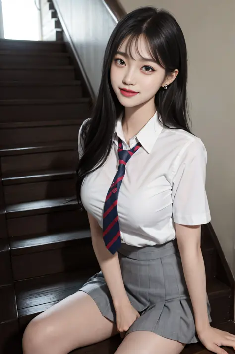Gray eyes, Korean school uniform, summer school uniform shirt, ribbon tie, skirt, bright blonde, school stairs, going down schoo...