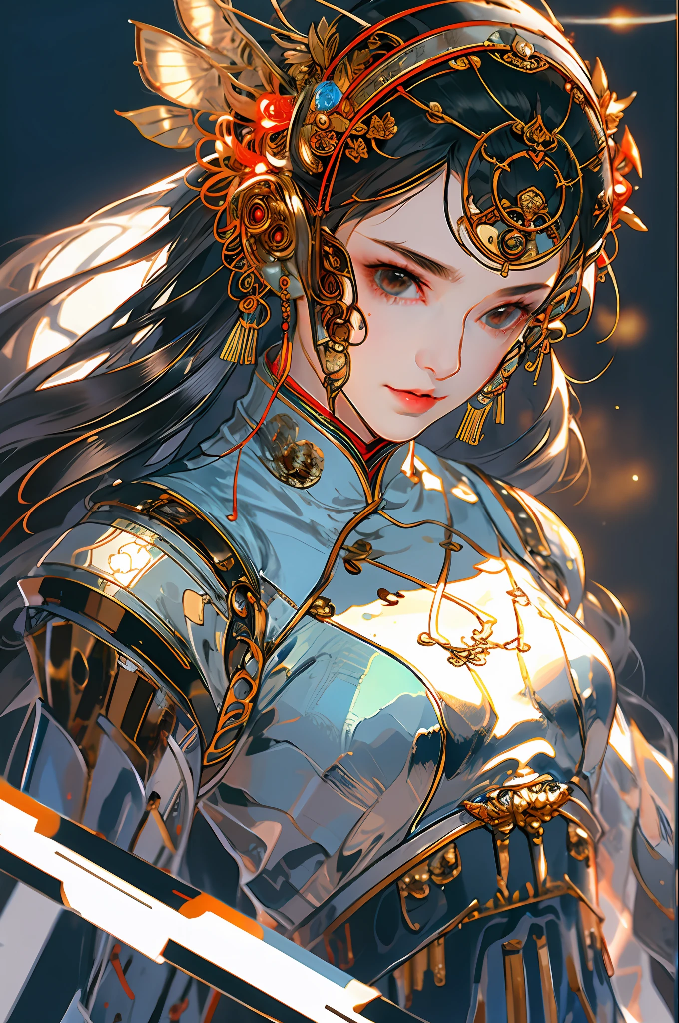 A beautiful girl, full body, gentle eyes, clear facial features, amazing facial features, ancient Chinese costumes, Chinese cyberpunk, cyberpunk city headwear, hair accessories, super complex design, mechanical mecha, technology, stunning lighting, C4D, OC rendering, cinematic edge light, fine light, masterpiece, super detail, epic composition, ultra HD, high quality, 32k