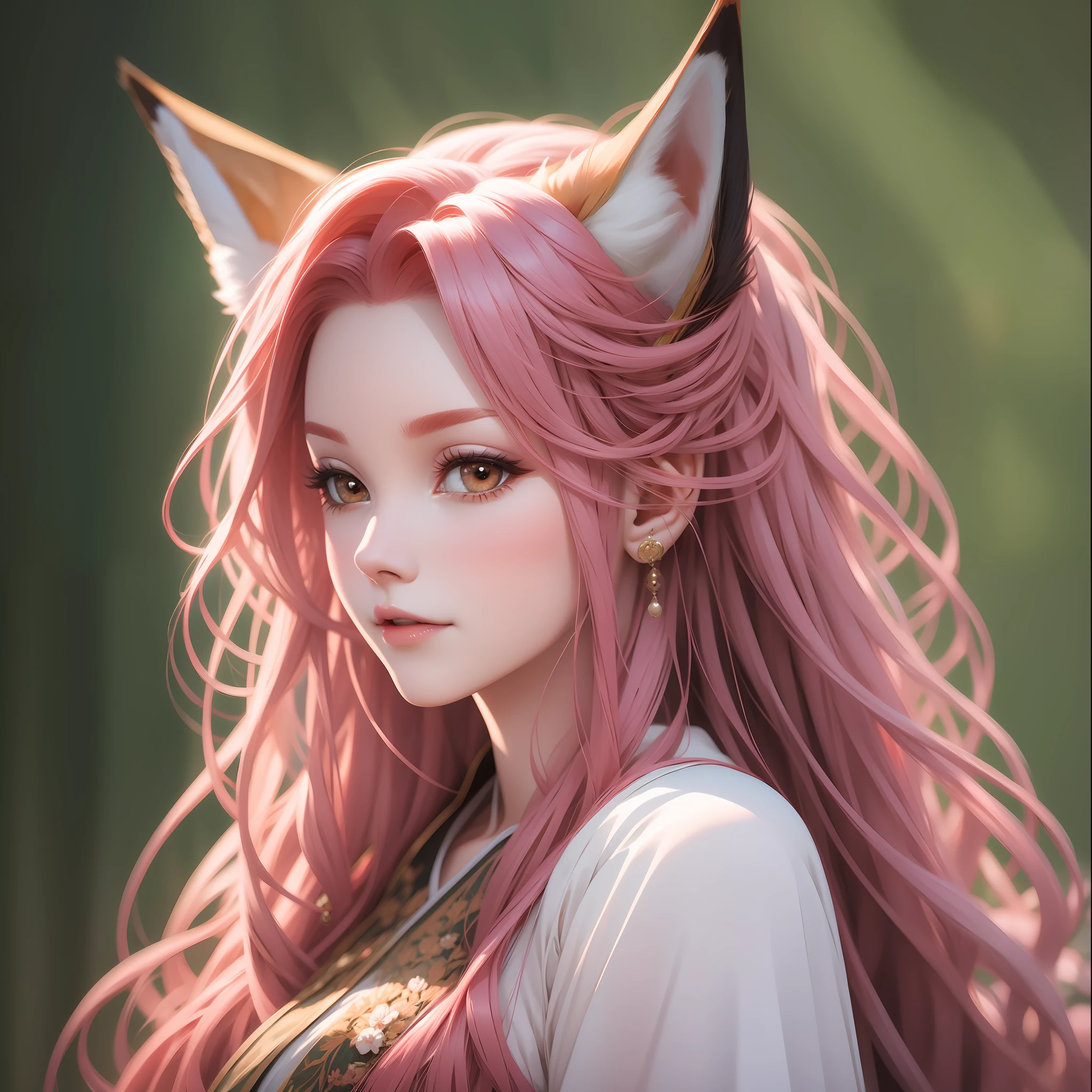 Fox, pink hair, antique,1gril,1fox