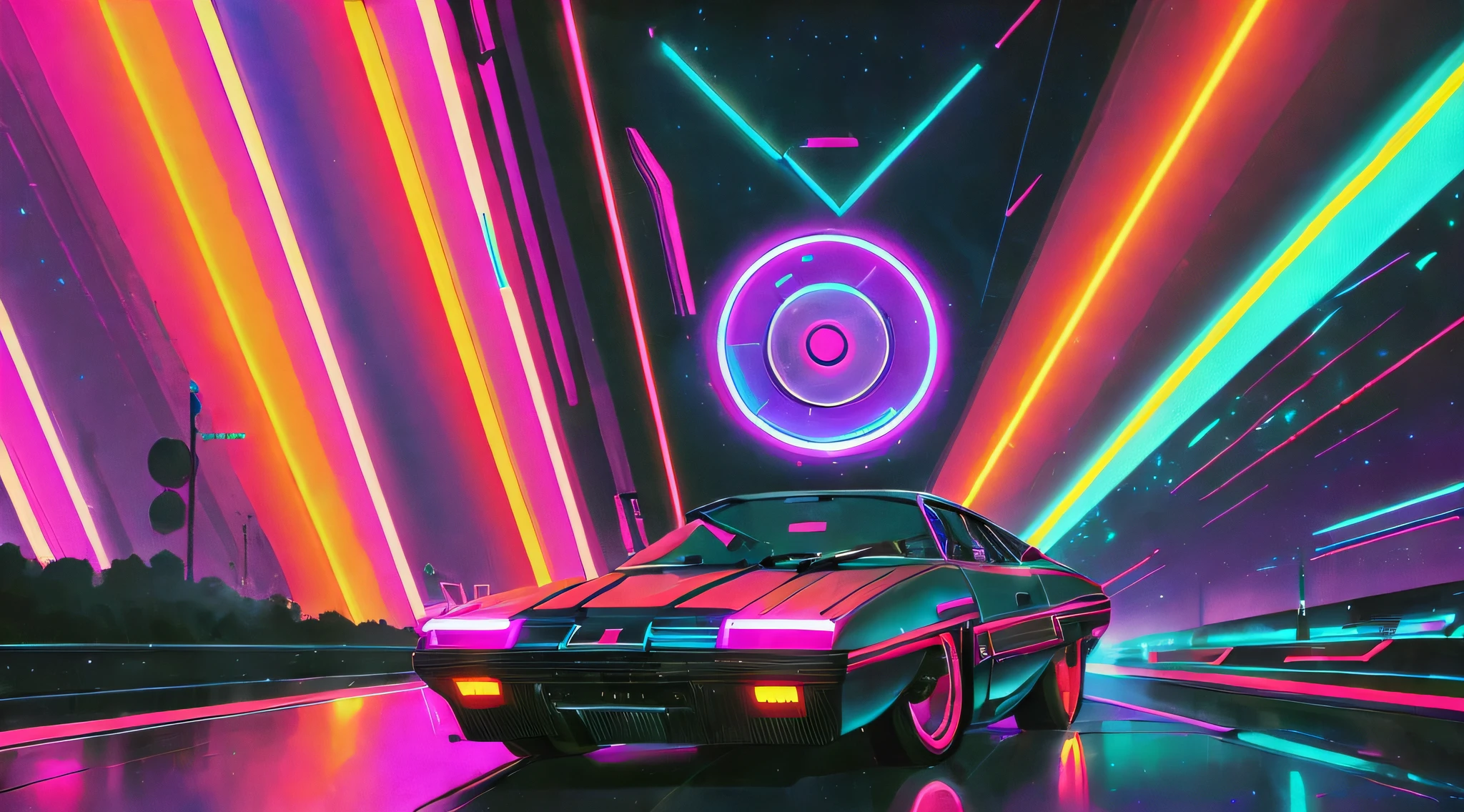 A car driving through a neon city with neon lights - SeaArt AI