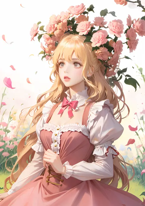 Lolita, pink dress flowers, blonde hair, flying hair, natural light, perfect figure, delicate facial features