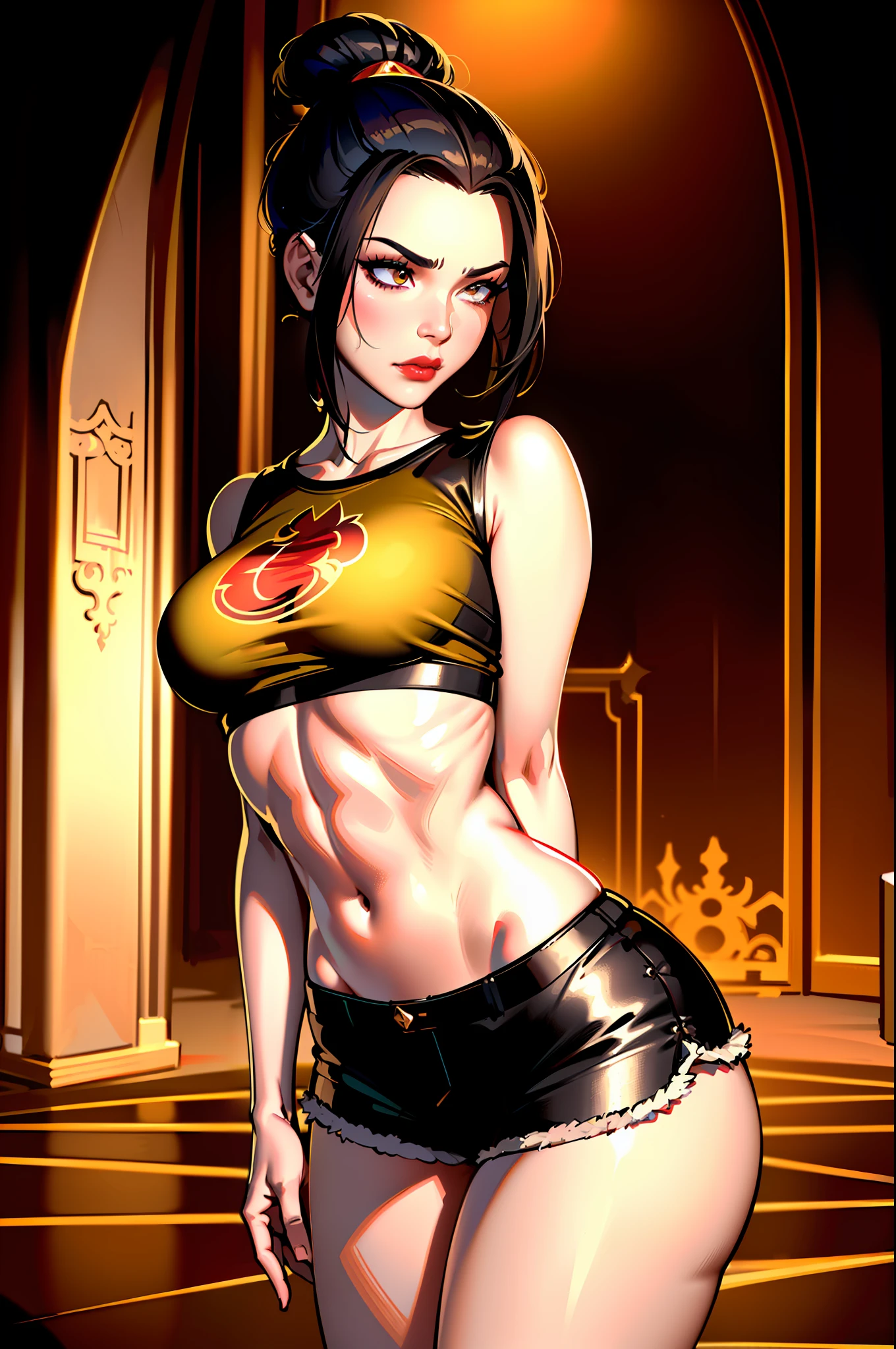 ultra-realistic 8k CG, masterpiece, ((ultra detailed background, fine drawing, intricate details, high detail, better quality fine details, hyper-detailed face)), (photorealistic: 1.4), beautiful lighting, absurdity, RAW photo, film grain, Azula, 1girl, solo, black hair, brown eyes, makeup, lipstick, red lips, single hair bun, navel, side strands, hair decoration, ((medium breasts, slim girl, wide hips,  ass, erotica)), ((t-shirt, short shorts, black shorts)), ((complex detailed background, inside, dim lighting, moody lighting, inside the castle, inside, medieval castle environment))