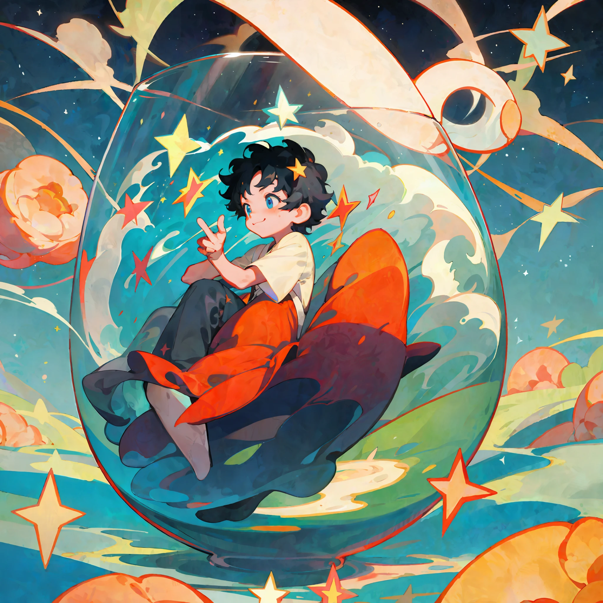 Asian face, a little boy sitting inside a glass, black hair, happy, fantastical, sunny, shaded, colorful, stars