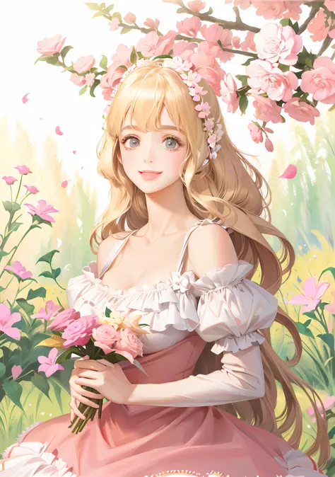 Lolita, off-the-shoulder, pink dress flowers, smile, blonde hair, fluttering hair, natural light, perfect figure, delicate facia...