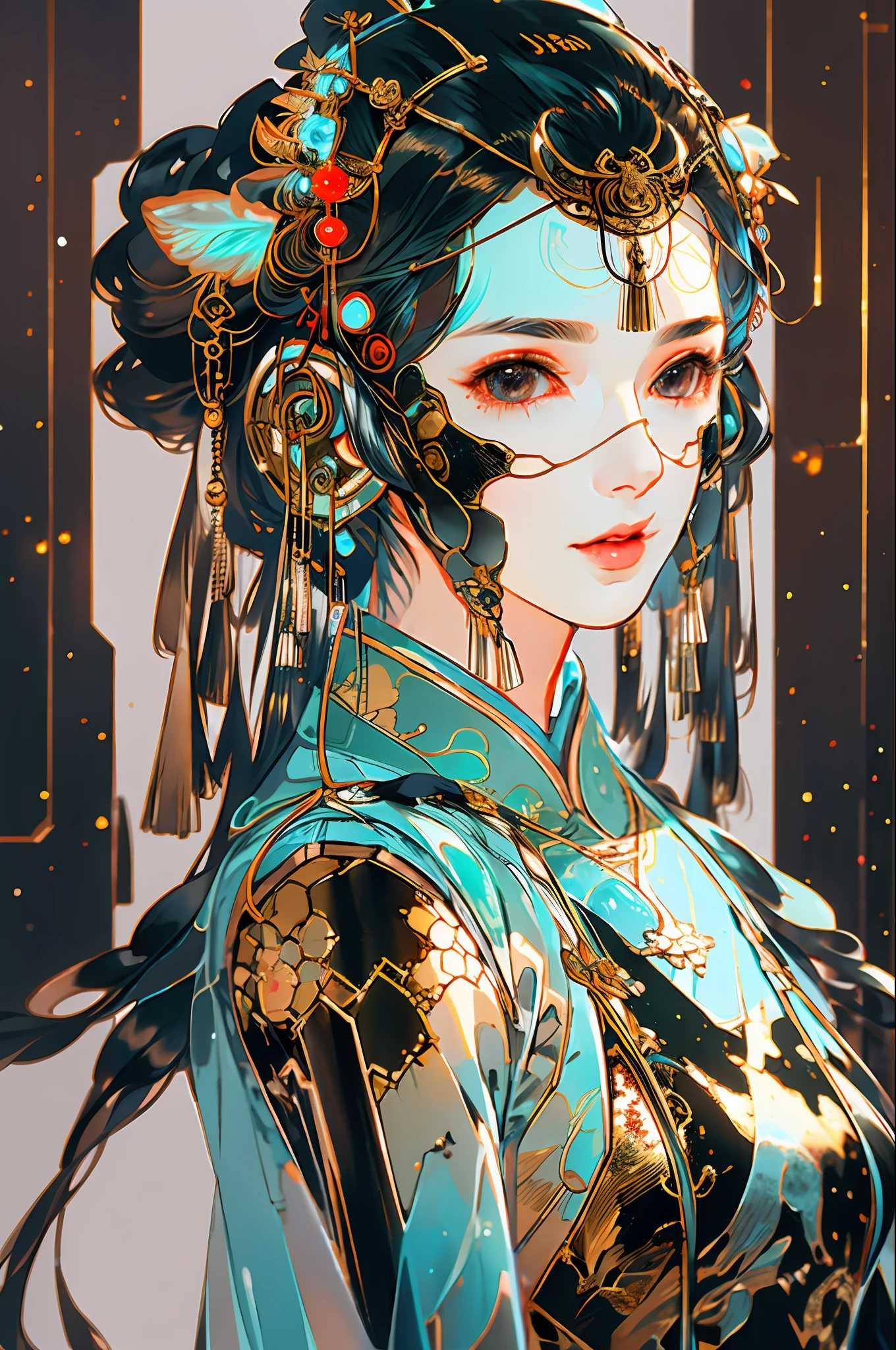 une belle fille, haut du corps, yeux doux, traits du visage clairs, traits du visage étonnants, costumes chinois anciens, Cyberpunk chinois, couvre-chef de ville cyberpunk, accessoires pour cheveux, Conception super complexe, méca mécanique, Technologie, éclairage incroyable, C4D, Rendu OC, Lumière de bord cinématographique, Belle lumière, chef-d&#39;œuvre, super détail, composition épique, Ultra HD, haute qualité, 32k