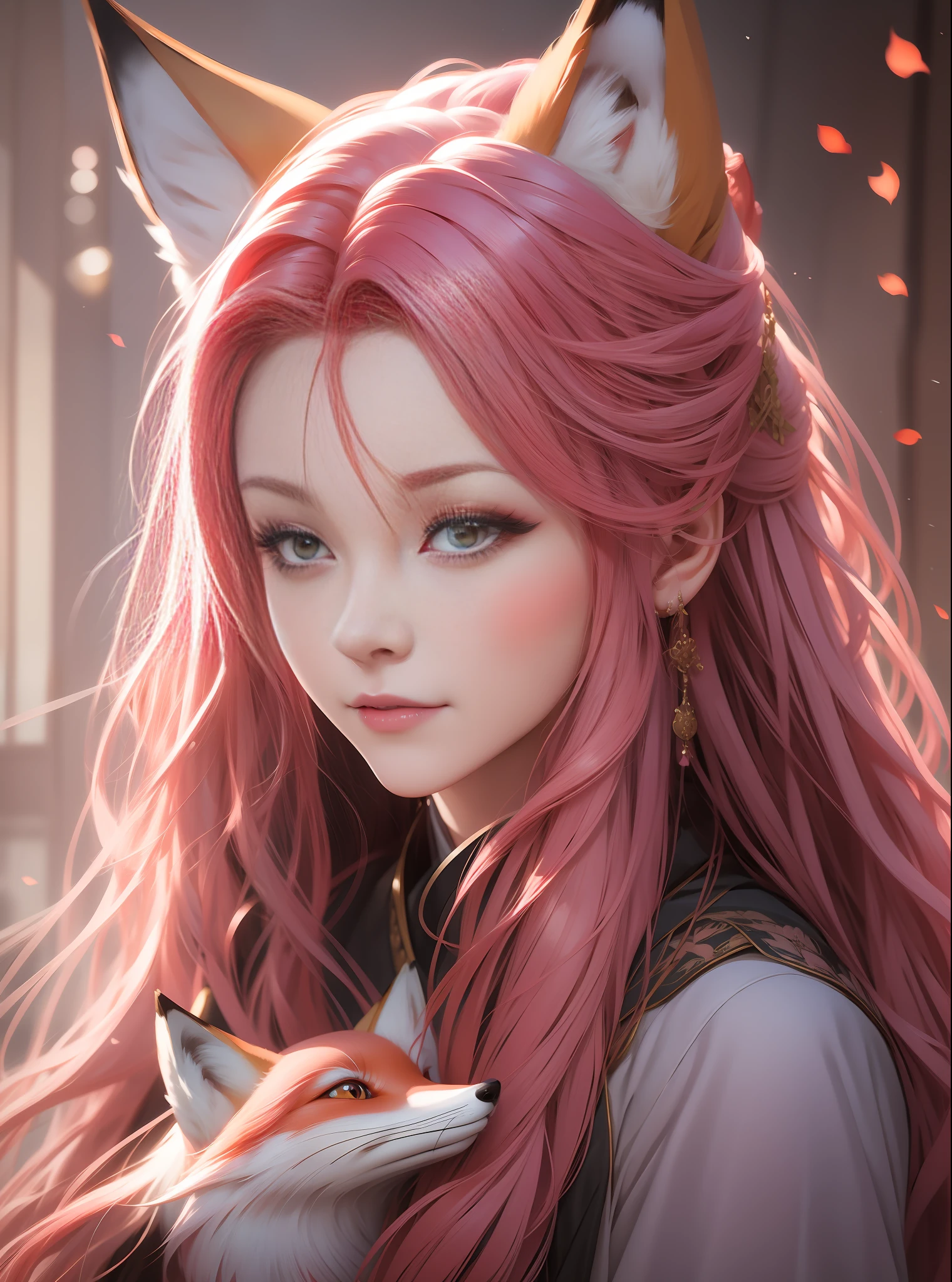 狐狸, 粉紅色的頭髮, 古董,1女孩,1隻狐狸