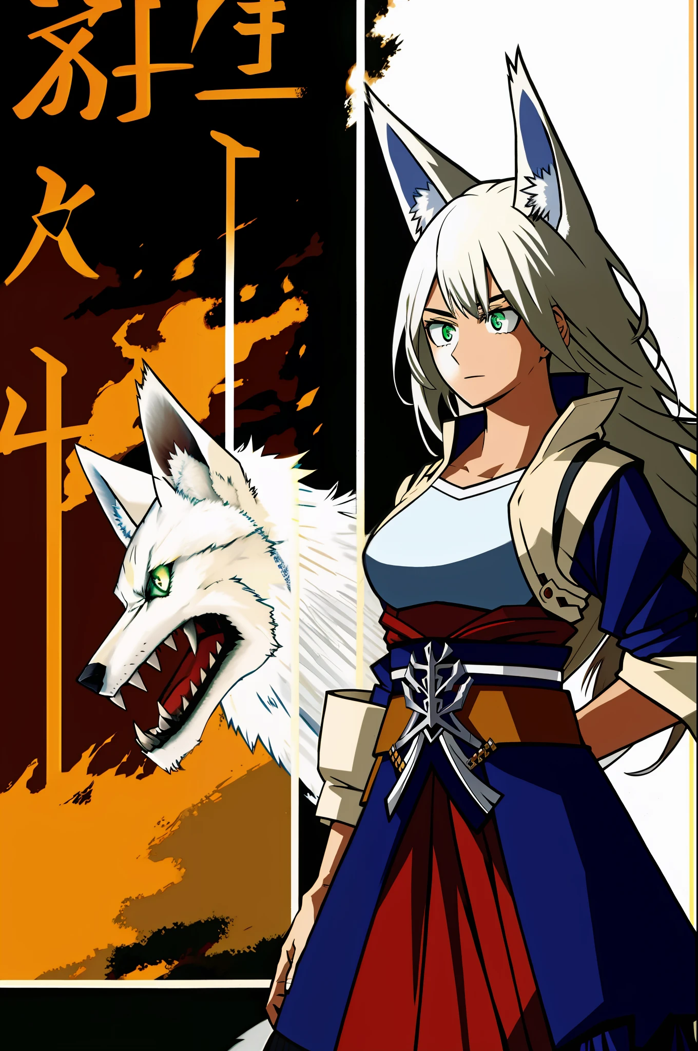 A woman, 25, long hair, white hair, wolf ears, wolf rod, caramel colored skin, poison green eyes, closed clothes, assassin clothes in Tokyo